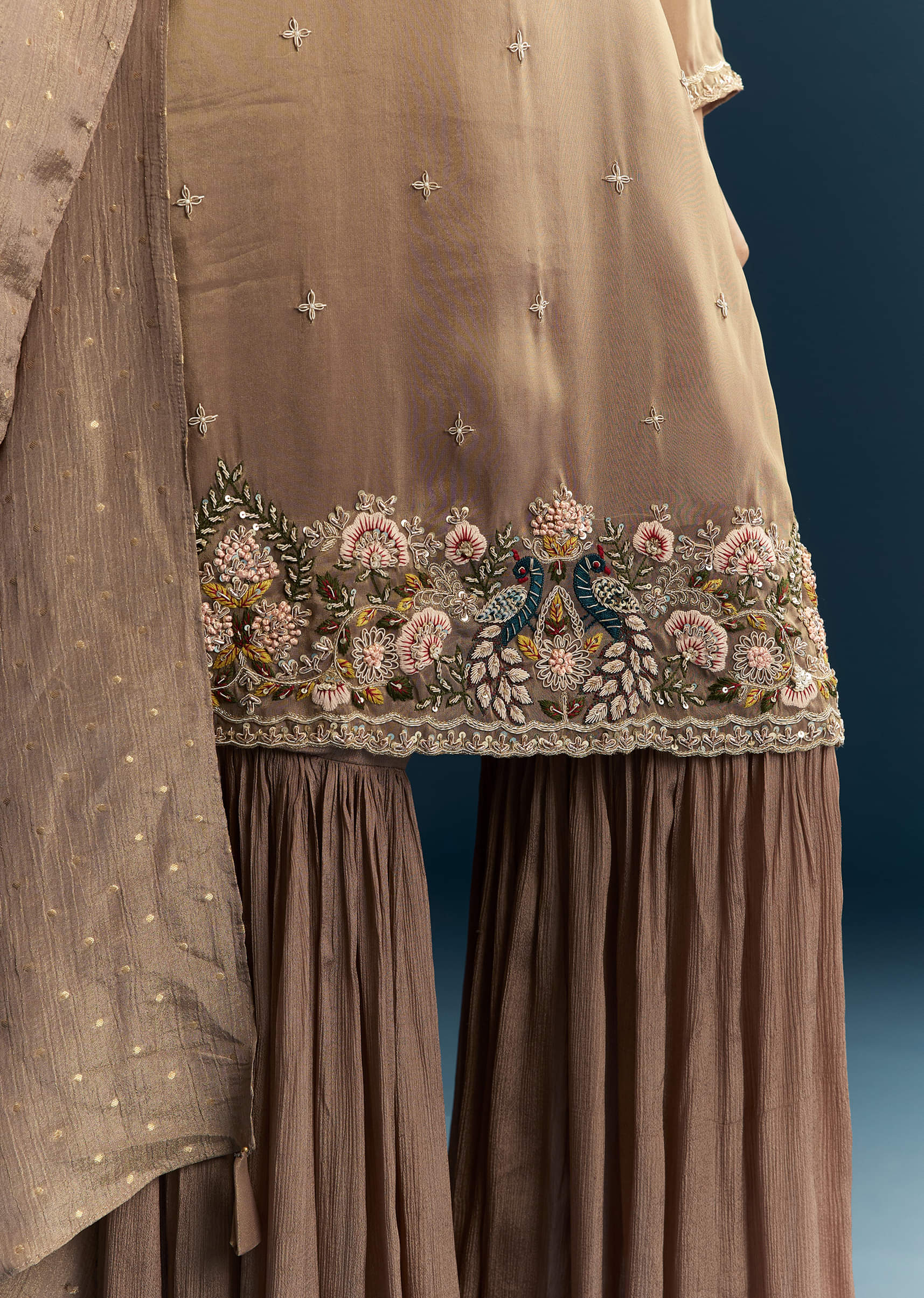 Brown Tissue Sharara Suit With Zardosi And Thread Work - Image 4