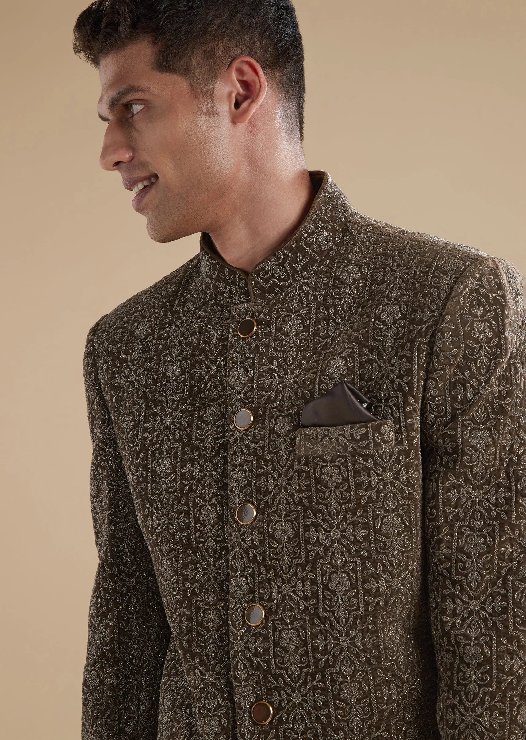 Brown Velvet Mens Jodhpuris with Thread Resham Detail Work - Image 2