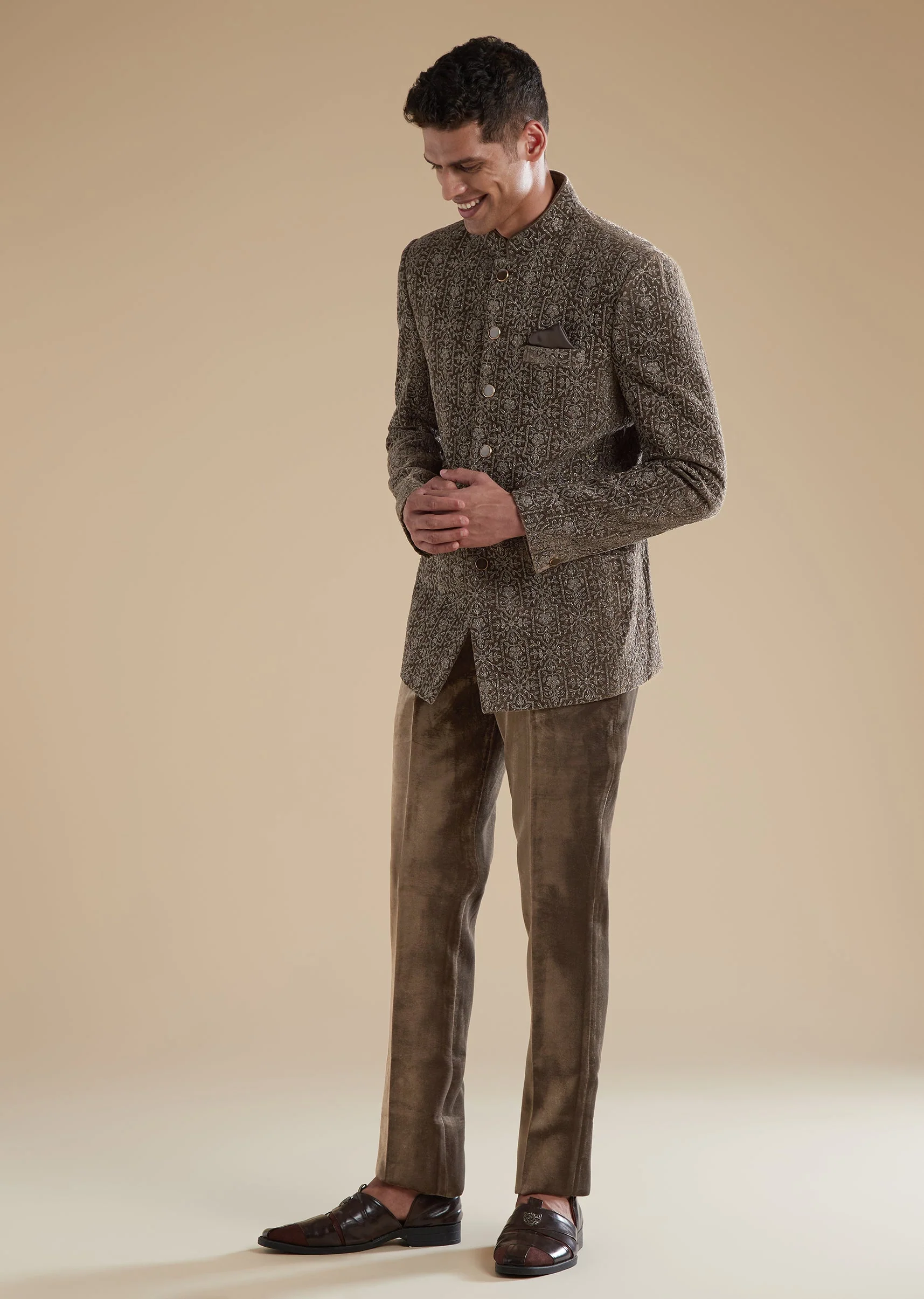Brown Velvet Mens Jodhpuris with Thread Resham Detail Work - Image 3