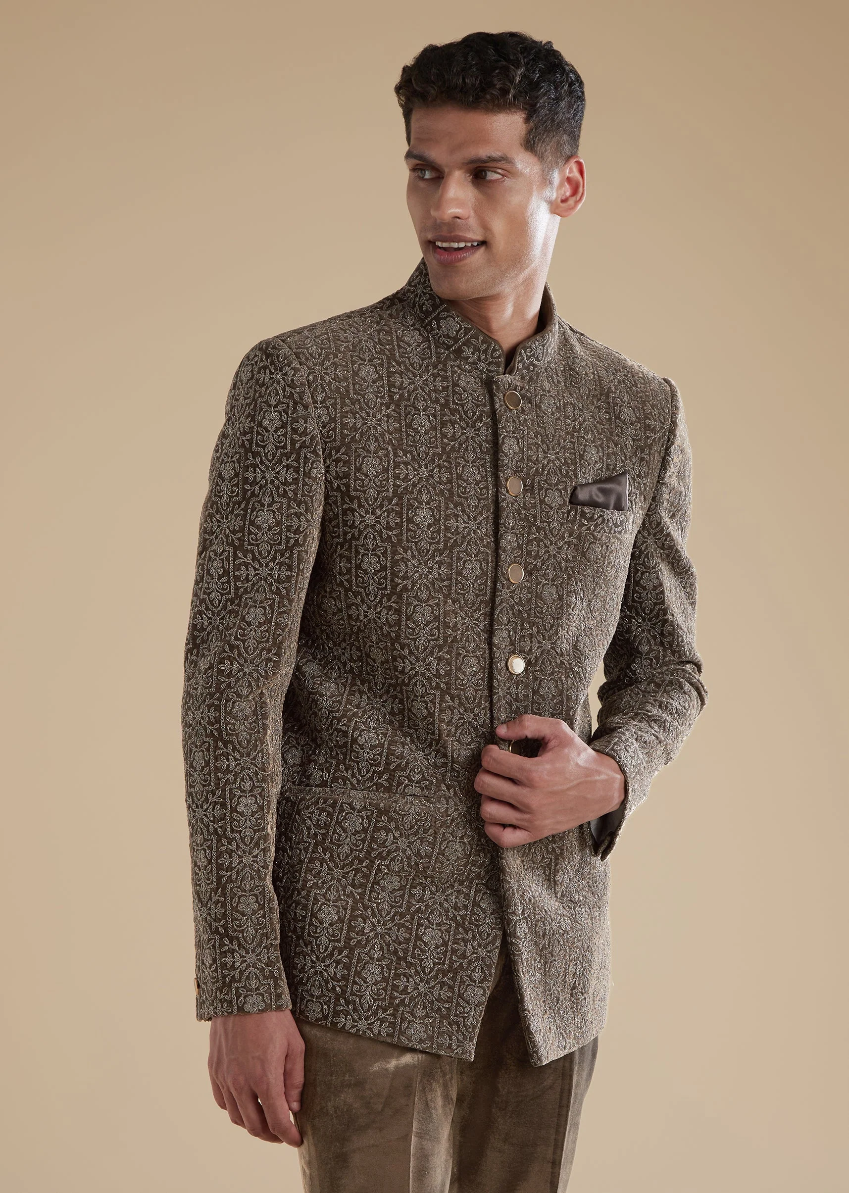 Brown Velvet Mens Jodhpuris with Thread Resham Detail Work - Image 4
