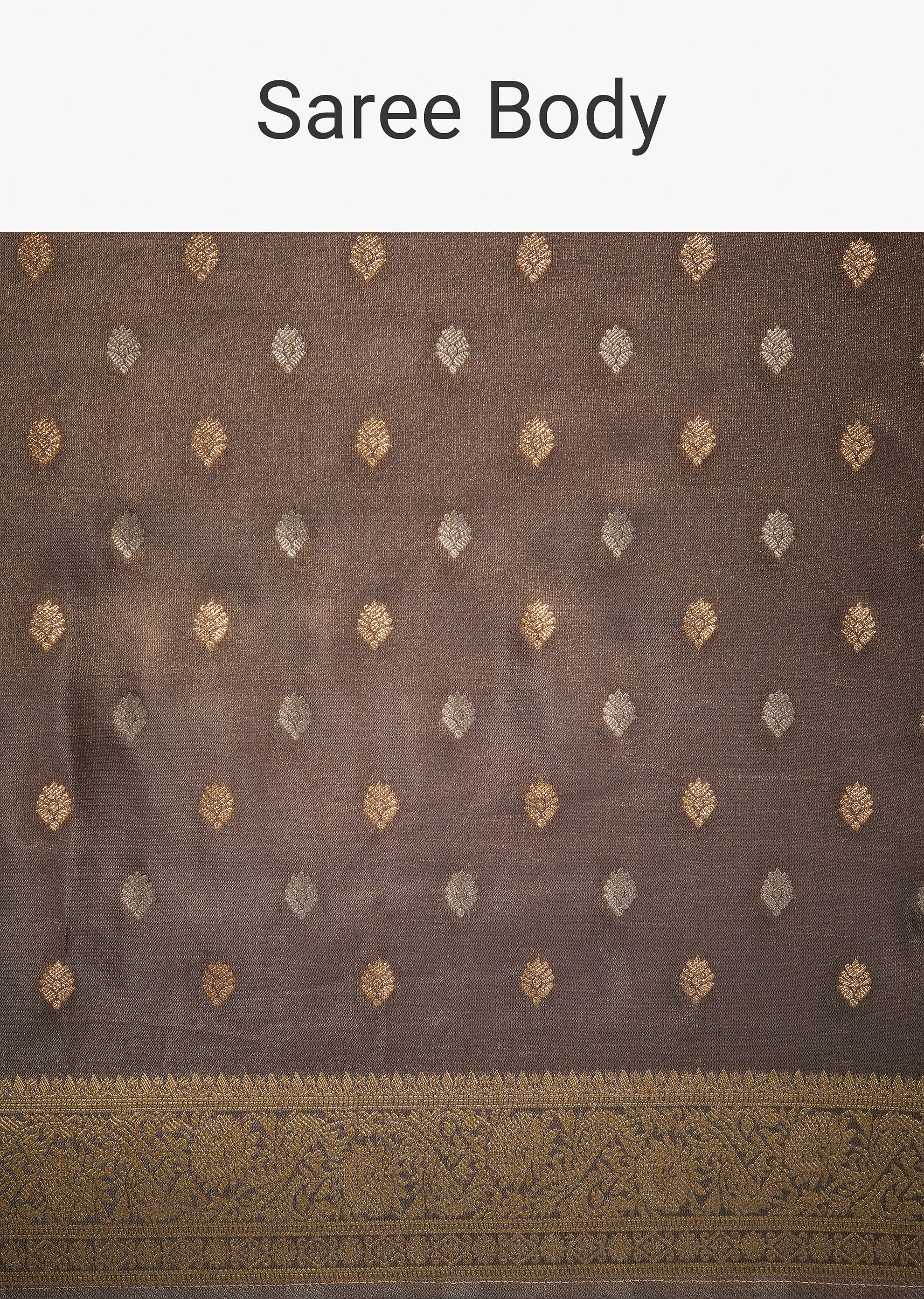 Brownish Grey Tissue Silk Saree With Zari Border And Butti Work - Image 9