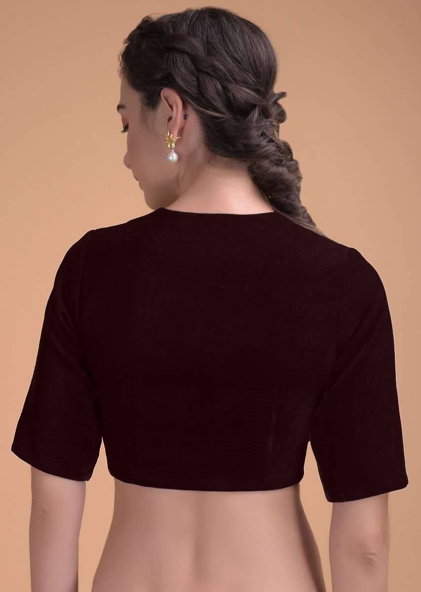 Burgandy Blouse In Velvet With A Zari Lace Defining The Neckline - Image 2