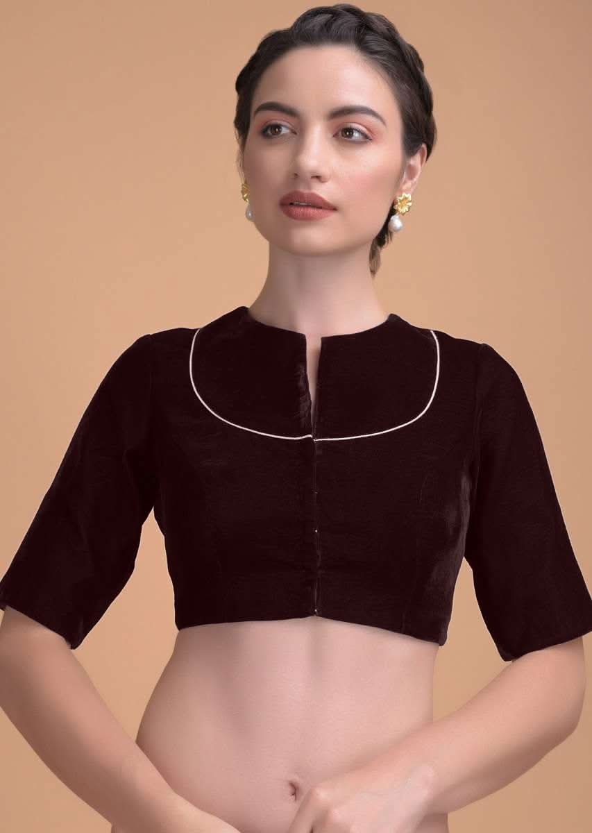 Burgandy Blouse In Velvet With A Zari Lace Defining The Neckline - Image 3