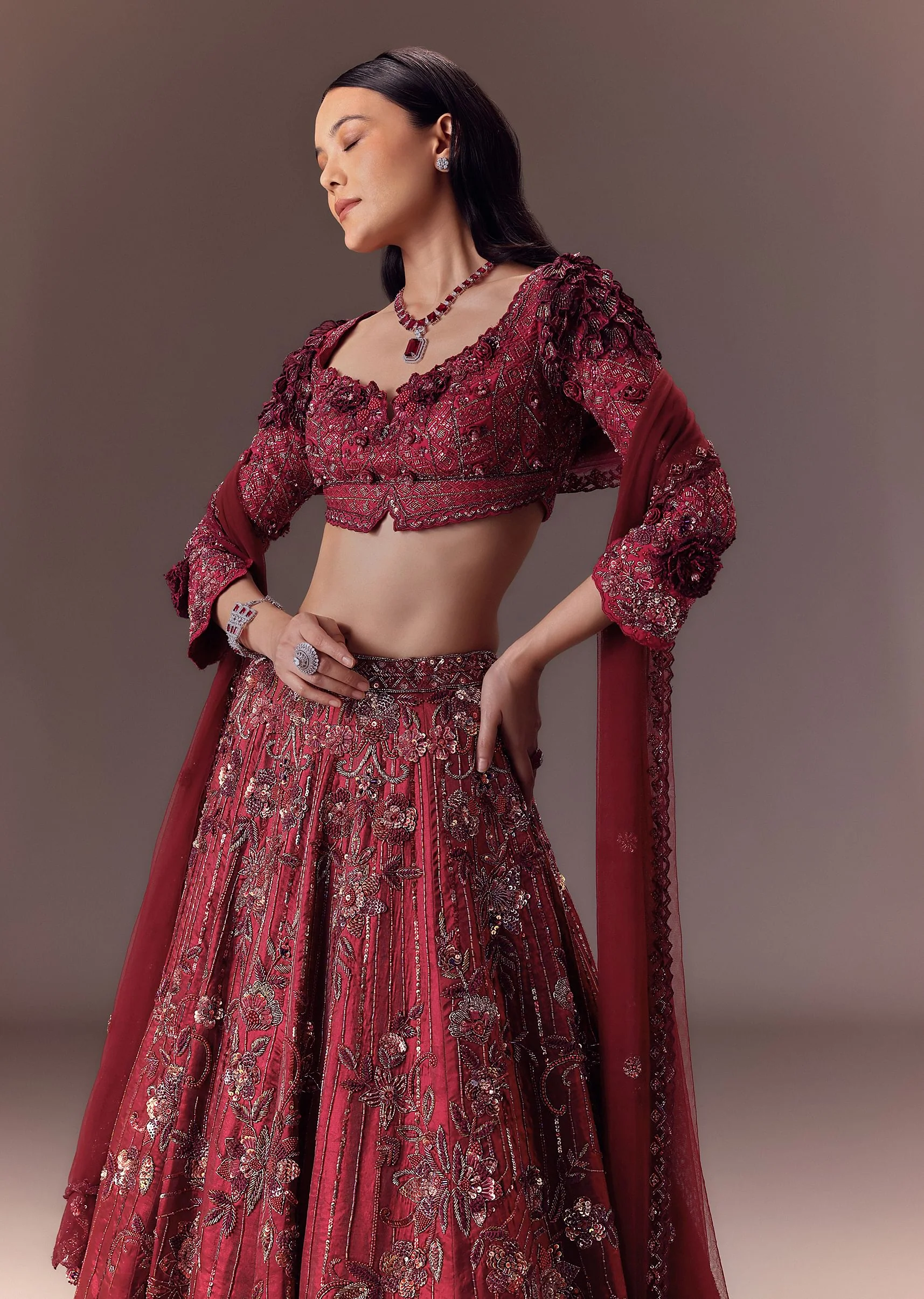 Burgandy Wine Organza Lehenga Set - Image 2