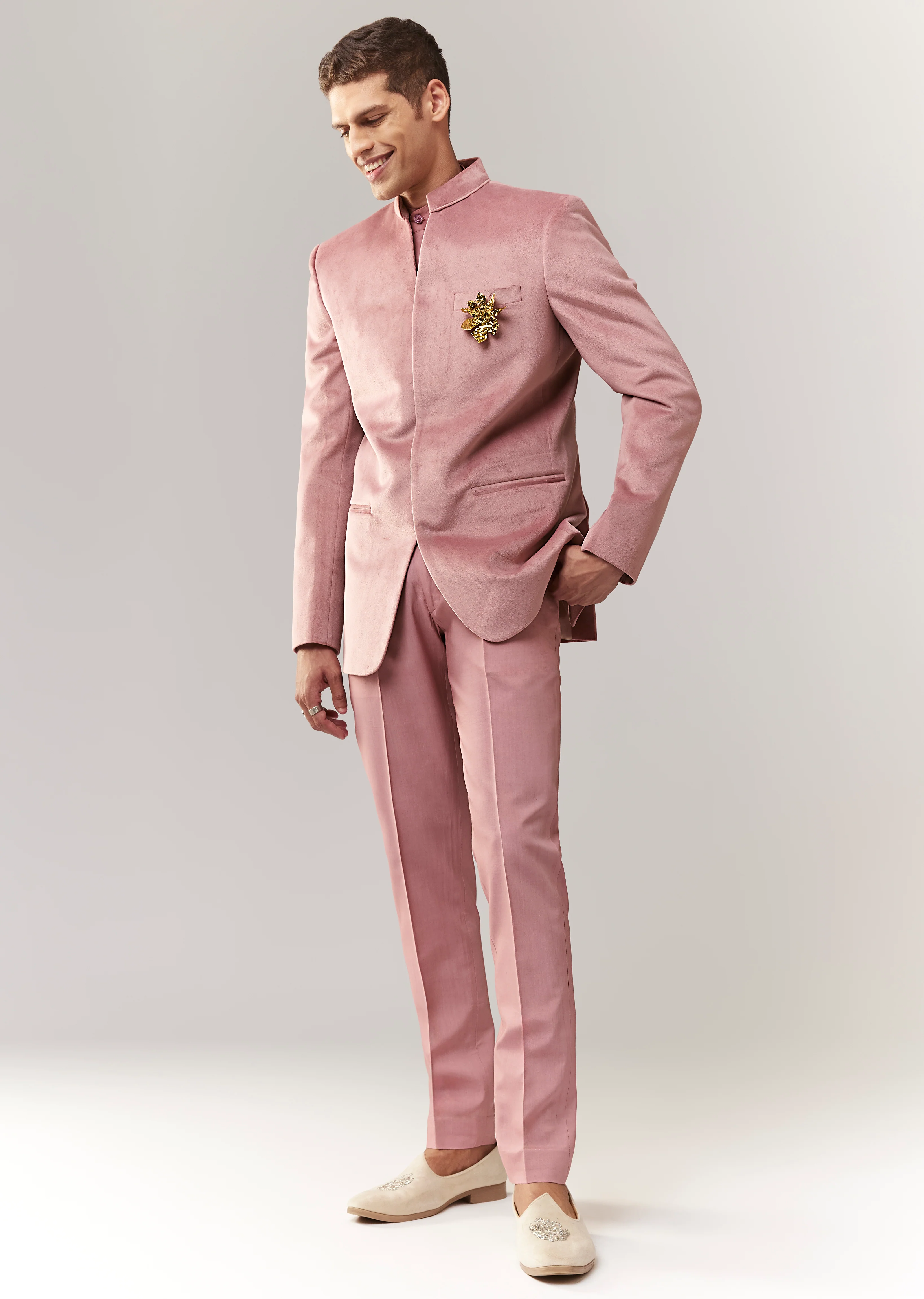Celebration Couple Set – Blush Pink Georgette Fish-Cut Lehenga with Embroidered Sleeveless Blouse & Choker Dupatta for Her And Pink Jodhpuri-Style Tuxedo Set with Metal Broach for Him - Image 7