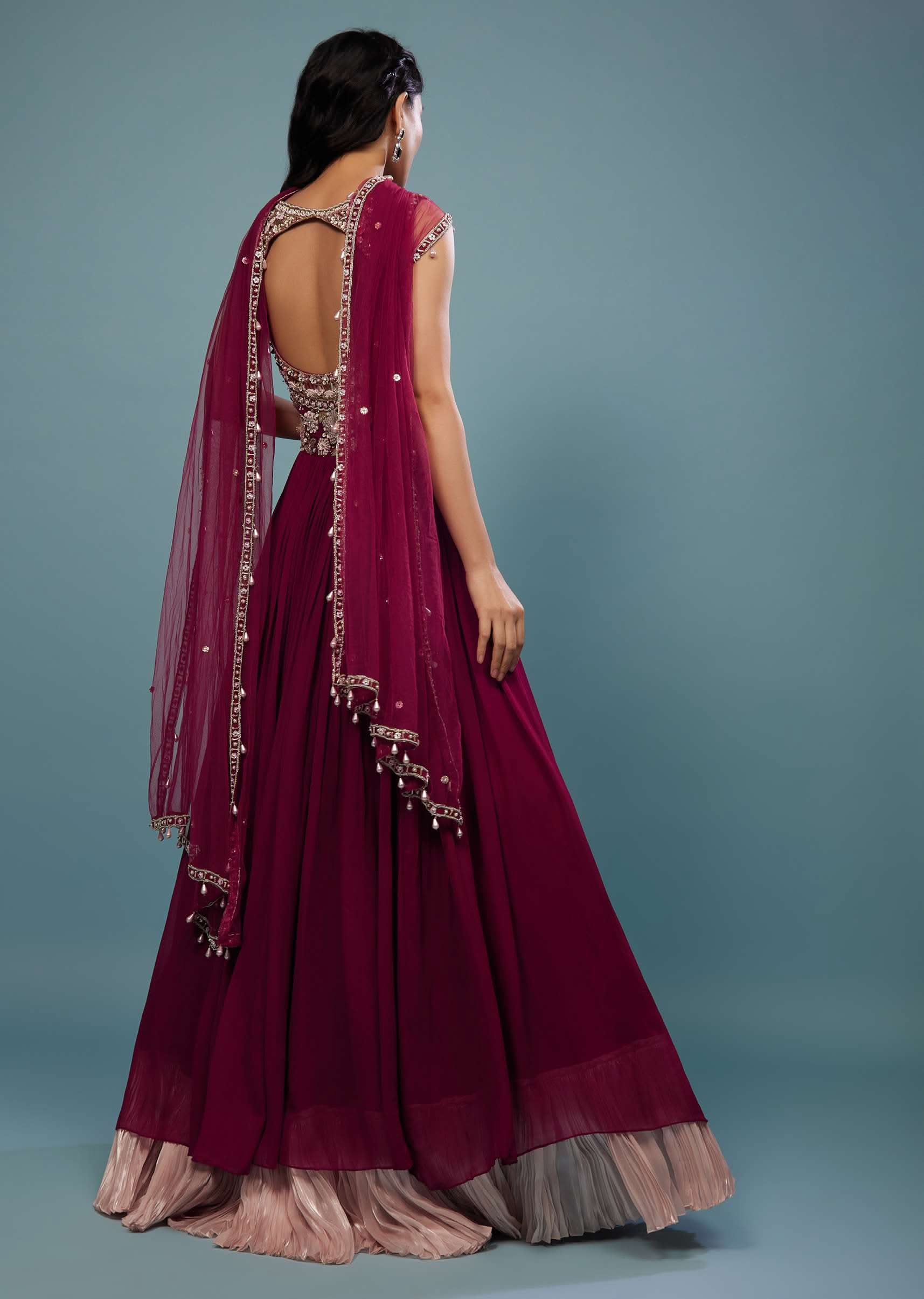 Wine Red Embroidered Anarkali Suit In Viscose Georgette - Image 2
