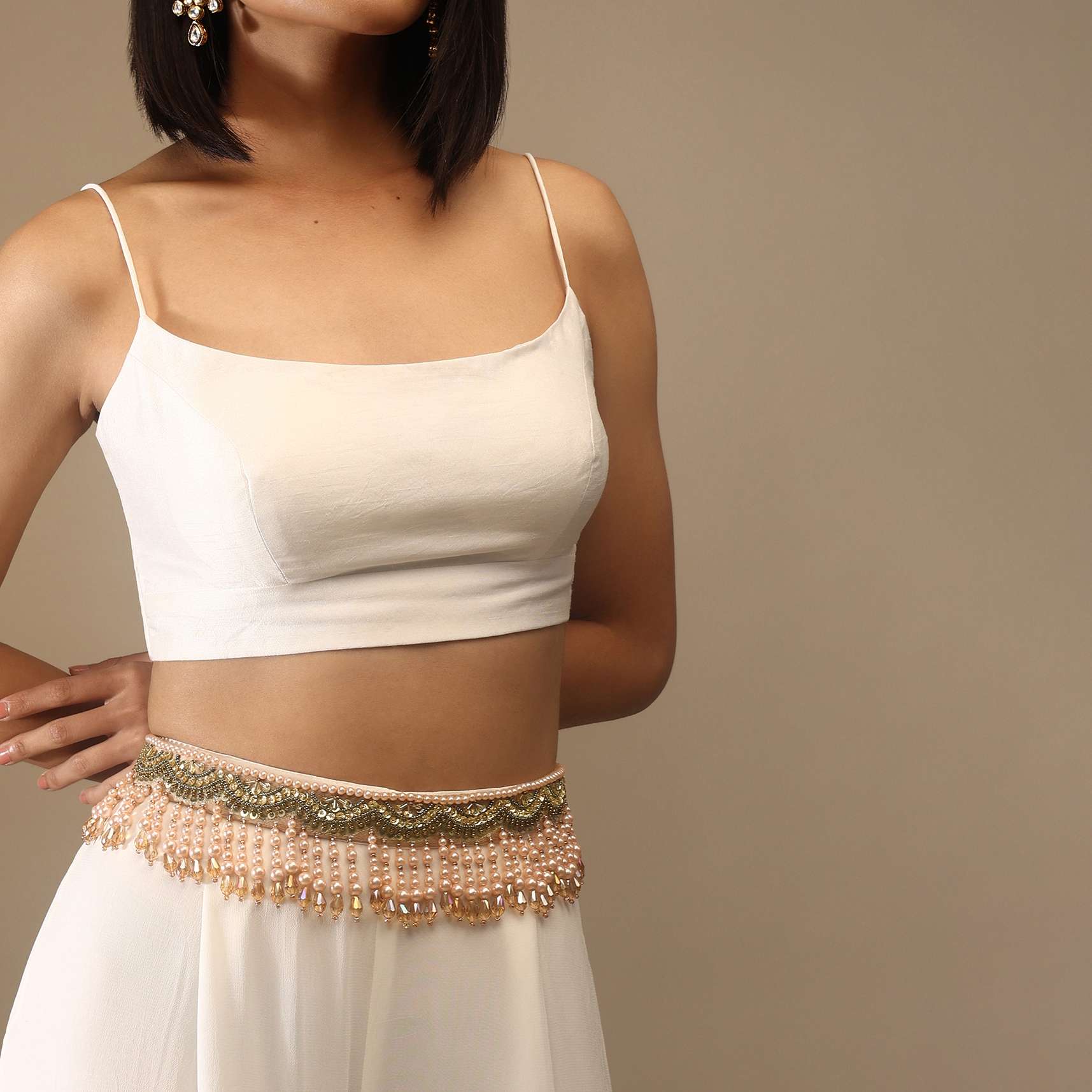 Champagne Beige Embroidered Belt With Moti Fringes - Image 2