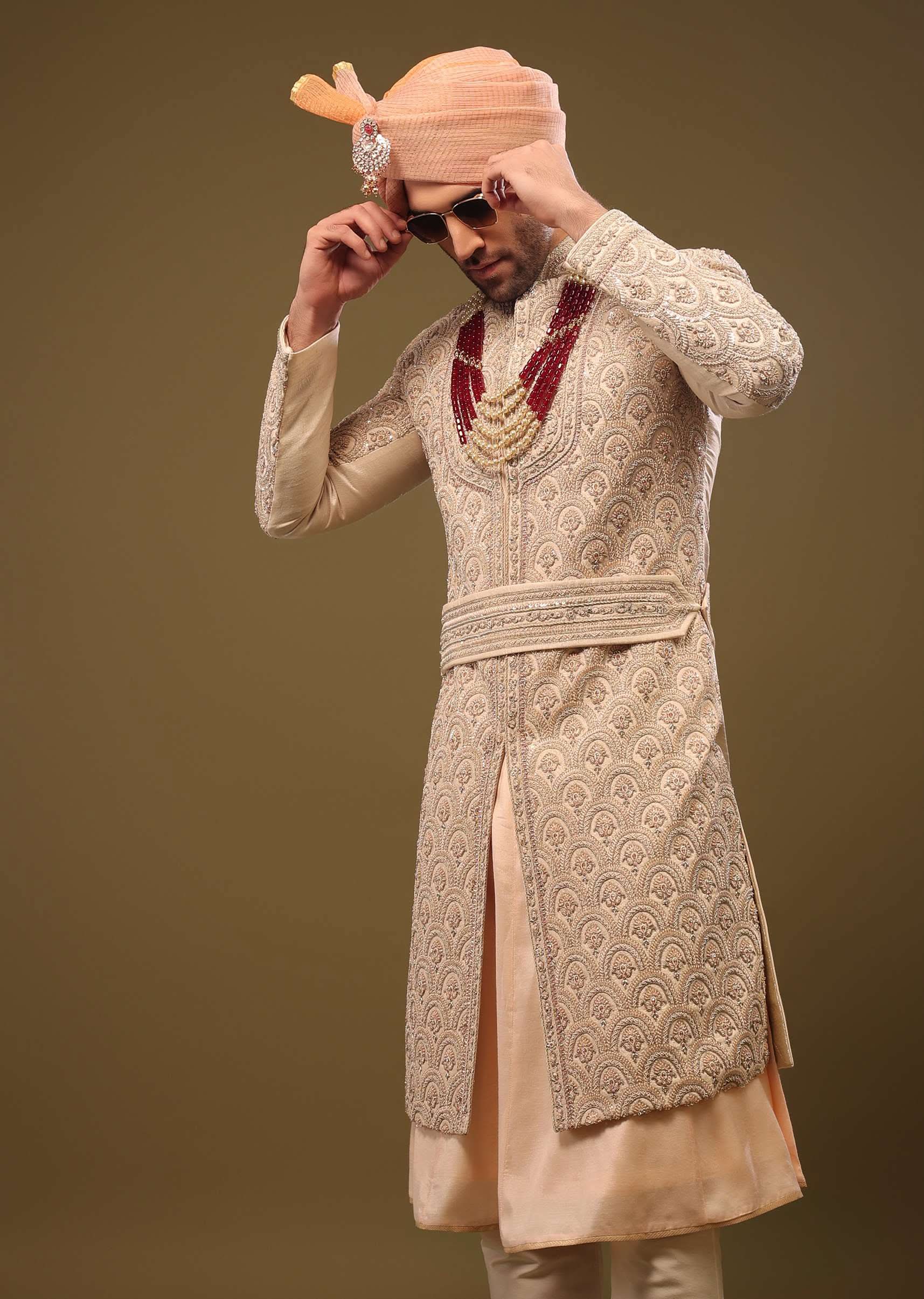 Champagne Brown Silk Sherwani Set With Hand Embroidery - Image 6