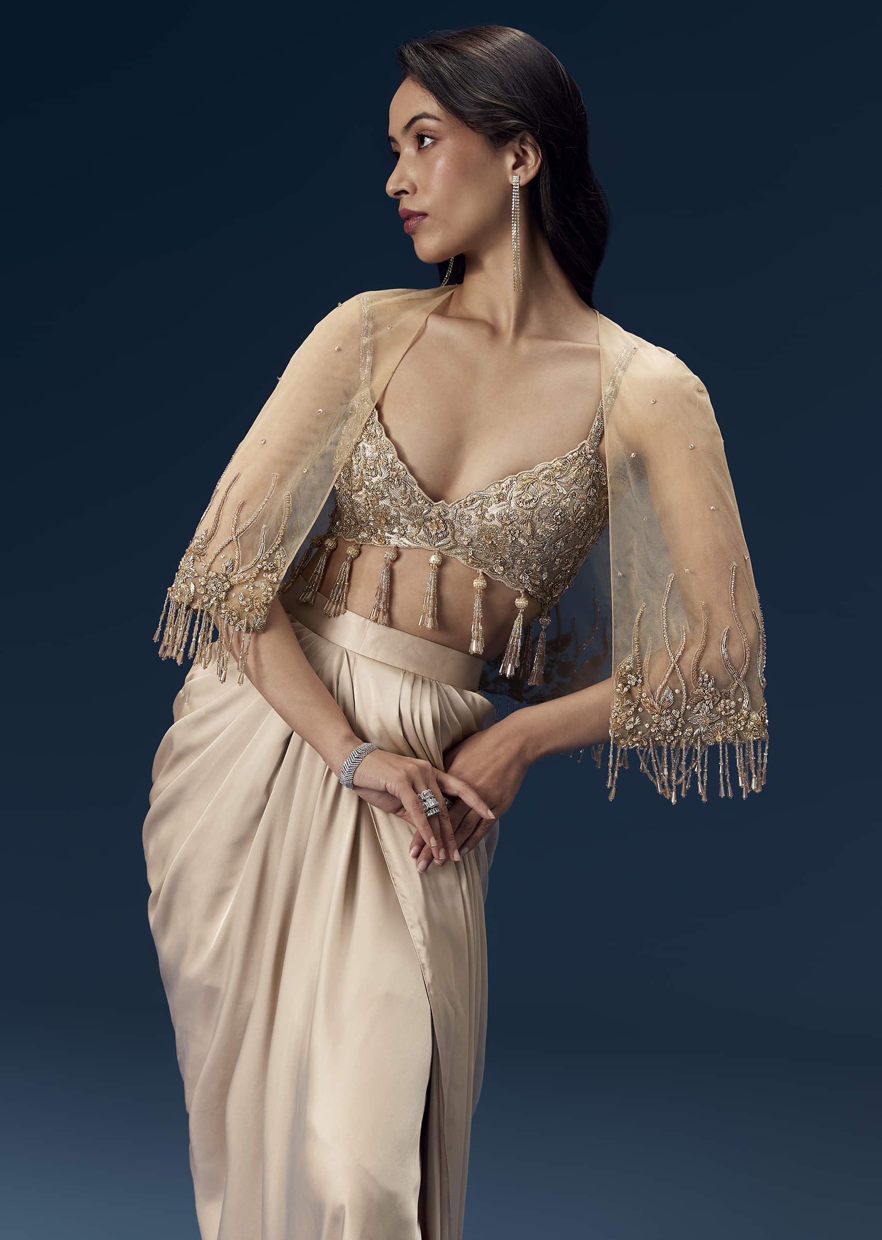 Champagne Embeliished Crop Top and Draped Skirt Set - Image 3