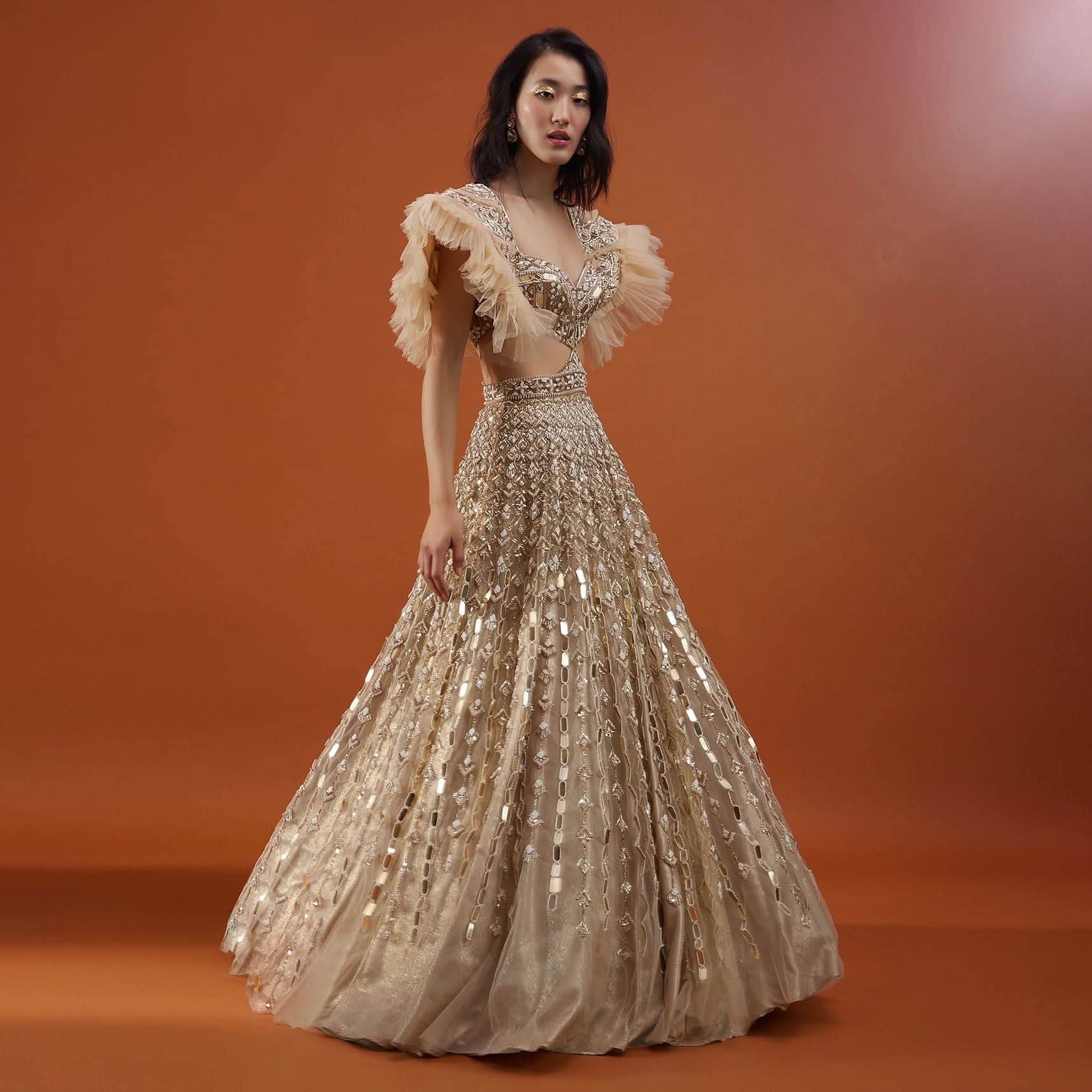 Champagne Gold Angelic Gown In Net With Ruffle Sleeves And Mirror Work - NOOR 2022 - Image 3