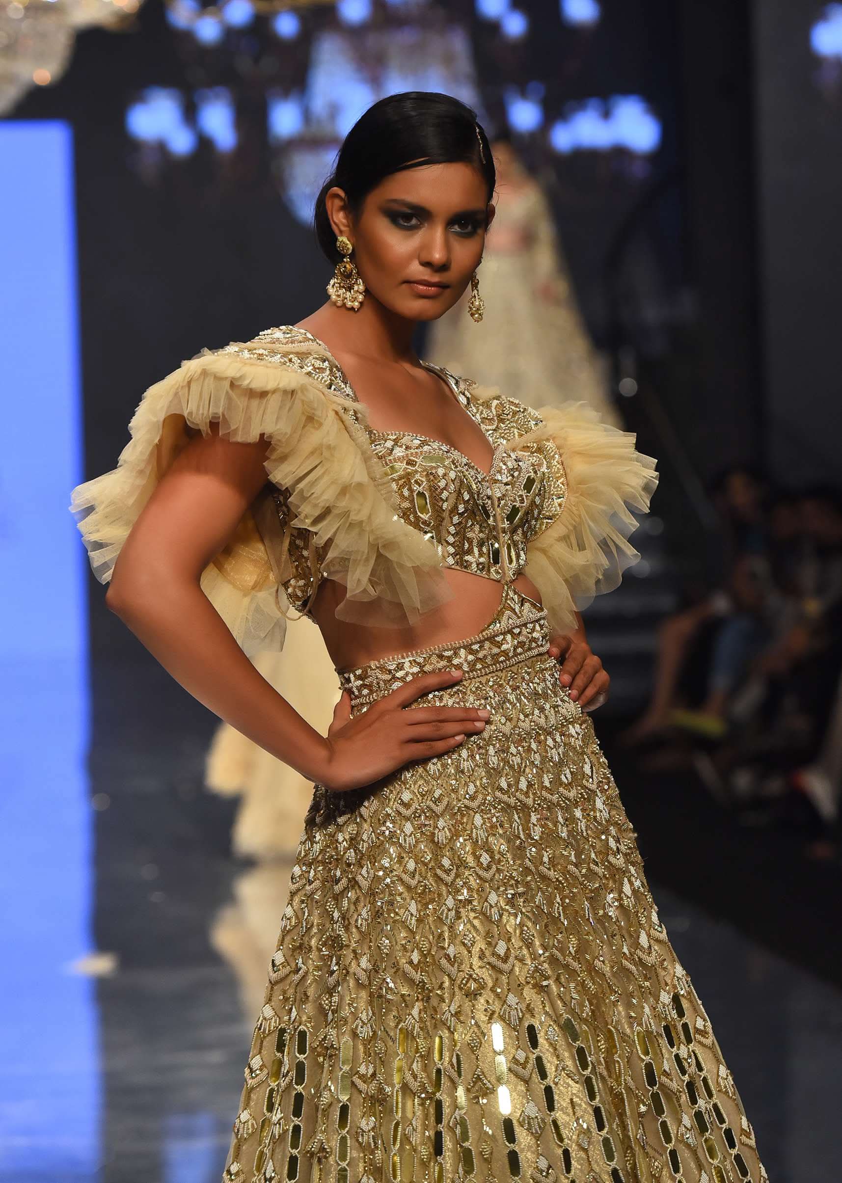 Champagne Gold Angelic Gown In Net With Ruffle Sleeves And Mirror Work - NOOR 2022 - Image 4