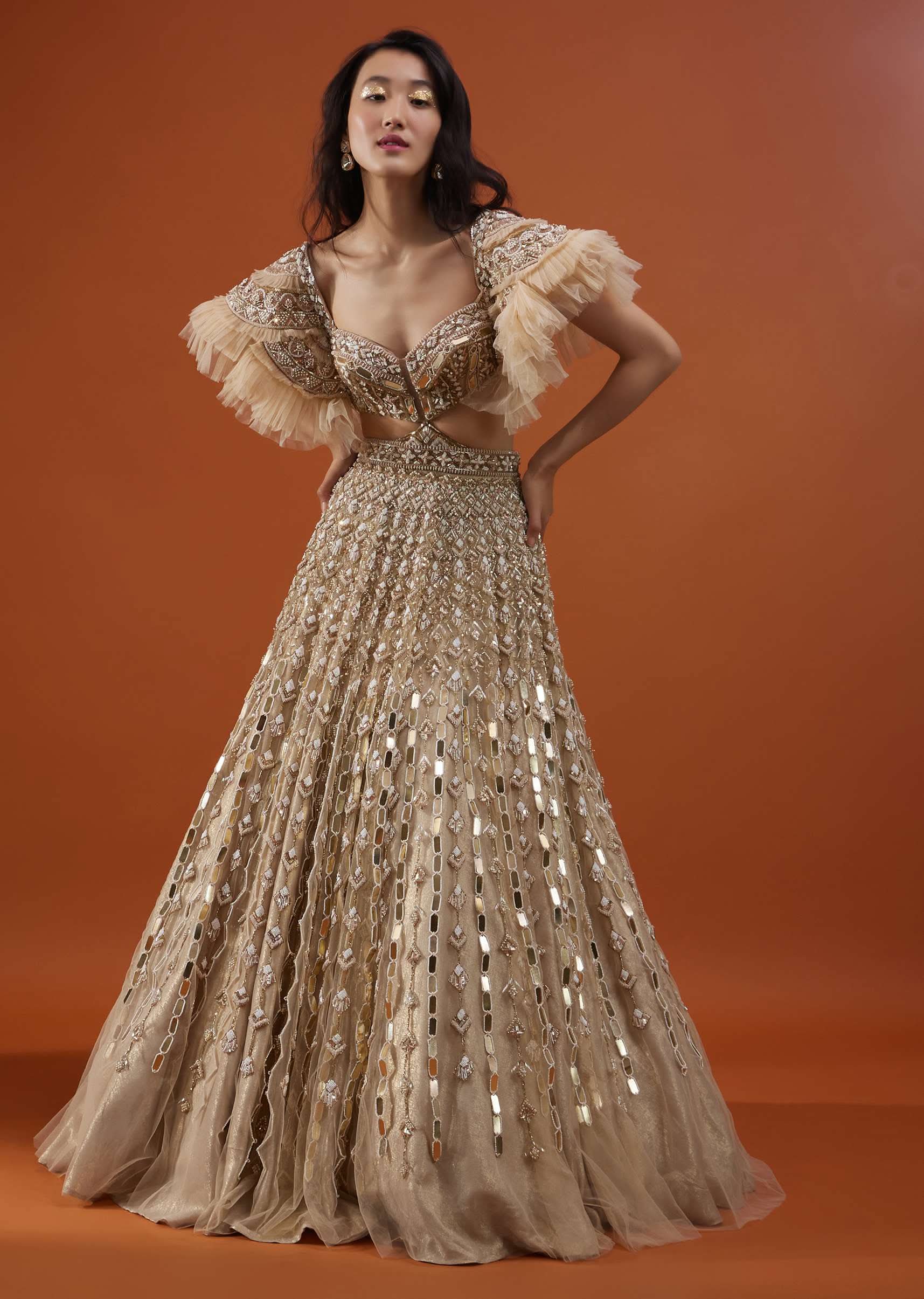 Champagne Gold Angelic Gown In Net With Ruffle Sleeves And Mirror Work - NOOR 2022 - Image 7