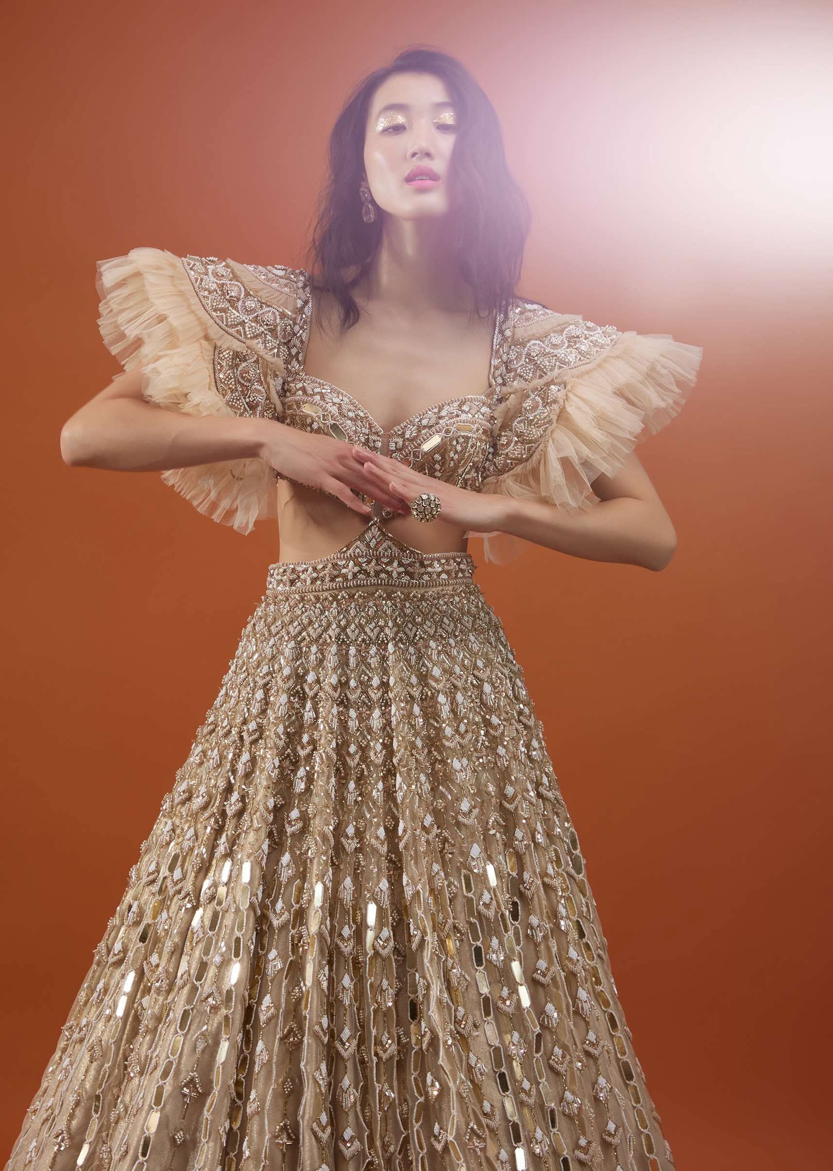 Champagne Gold Angelic Gown In Net With Ruffle Sleeves And Mirror Work - NOOR 2022 - Image 9