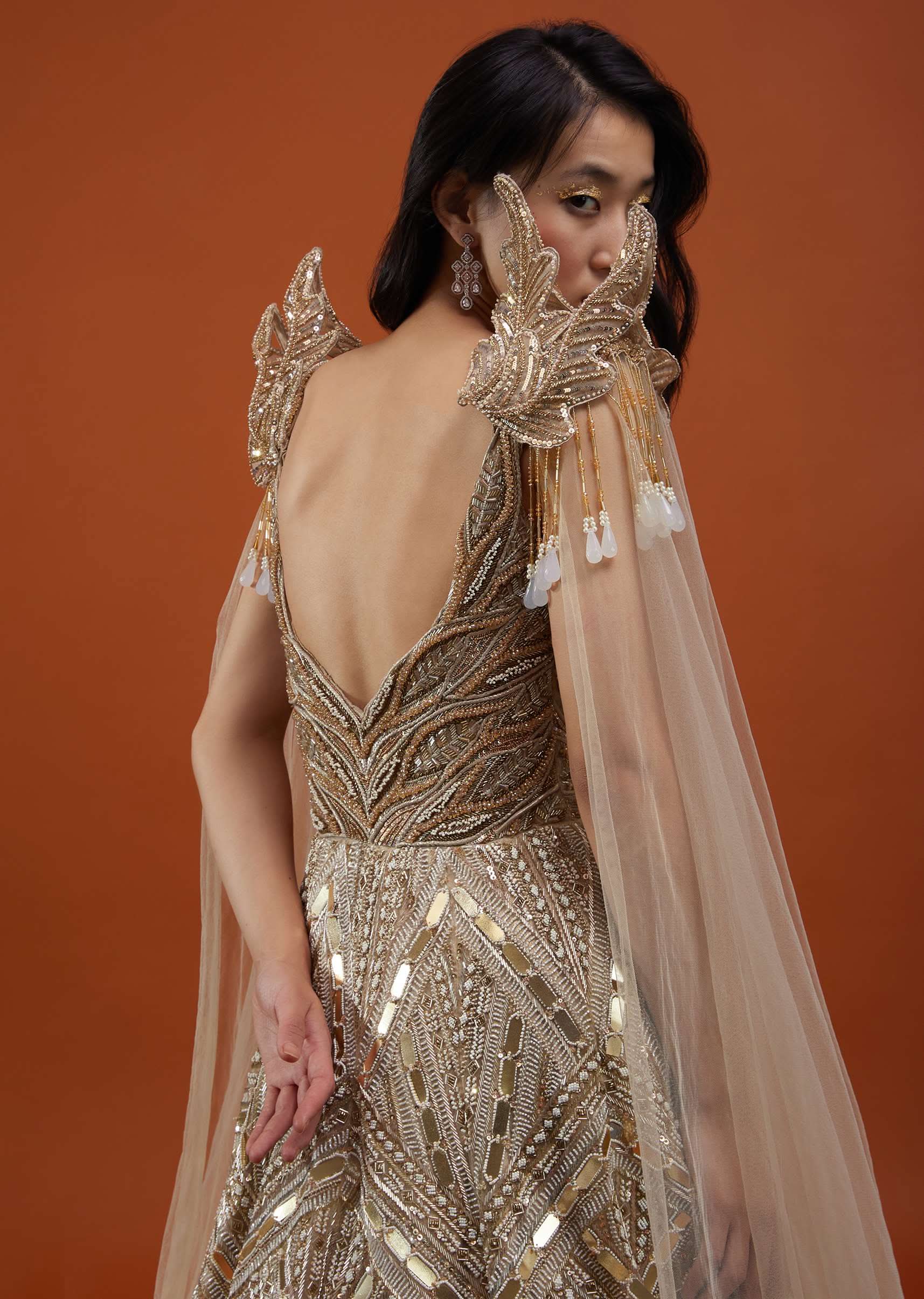 Champagne Gold Divine Gown In Net With Ruffle Frill Adornment - NOOR 2022 - Image 10
