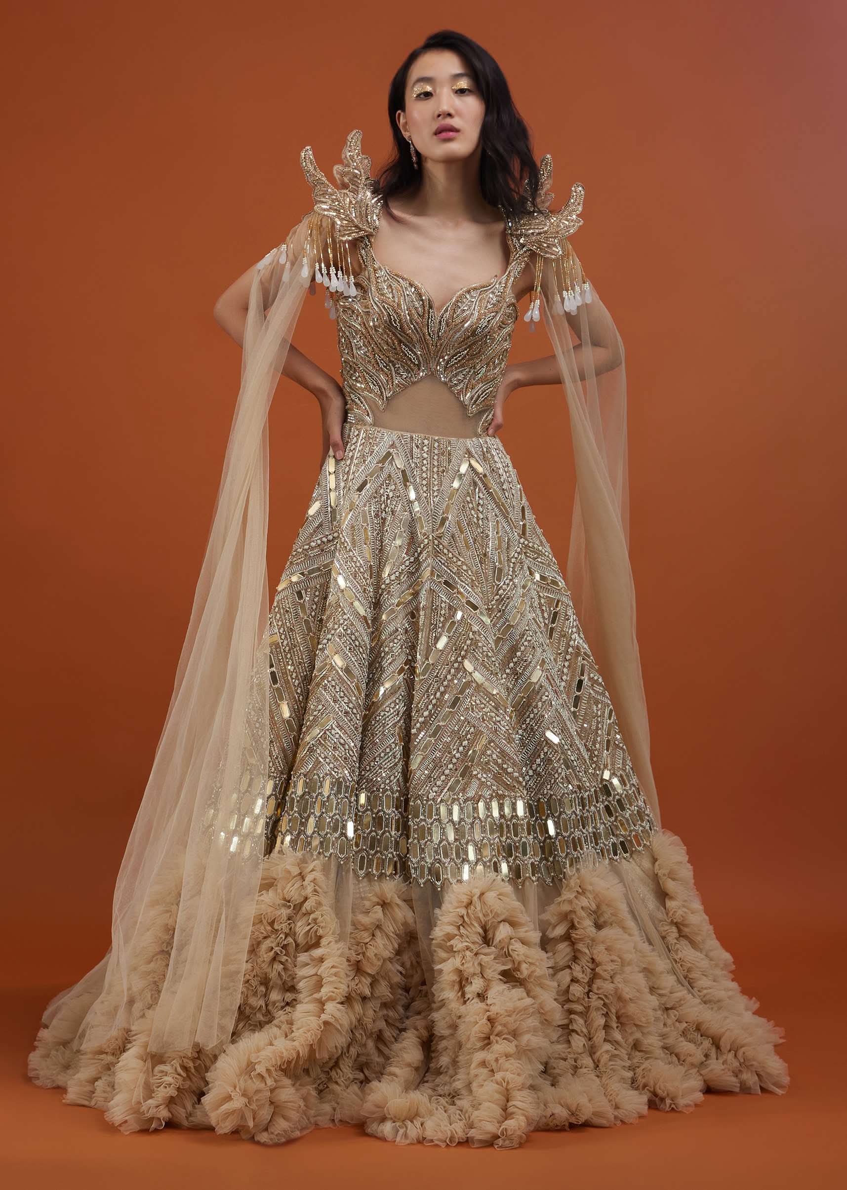 Champagne Gold Divine Net Fabricated Gown With Ruffle Frill Adornment - NOOR 2022 - Image 11