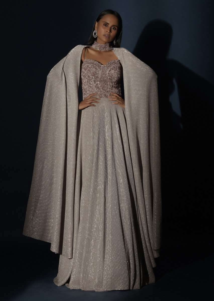 Champagne Gown With Embellished Sweetheart Cut Bodice And Spaghetti Straps Online - Kalki Fashion - Image 11