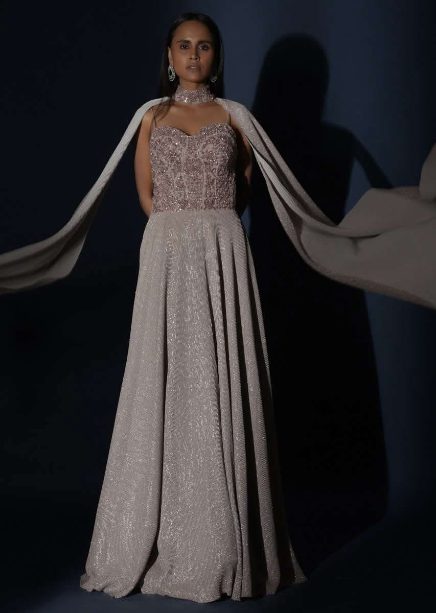 Champagne Gown With Embellished Sweetheart Cut Bodice And Spaghetti Straps Online - Kalki Fashion - Image 12