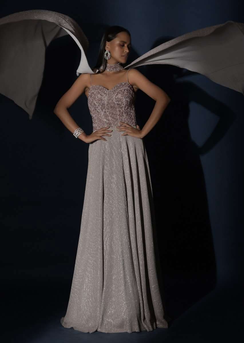 Champagne Gown With Embellished Sweetheart Cut Bodice And Spaghetti Straps Online - Kalki Fashion - Image 13