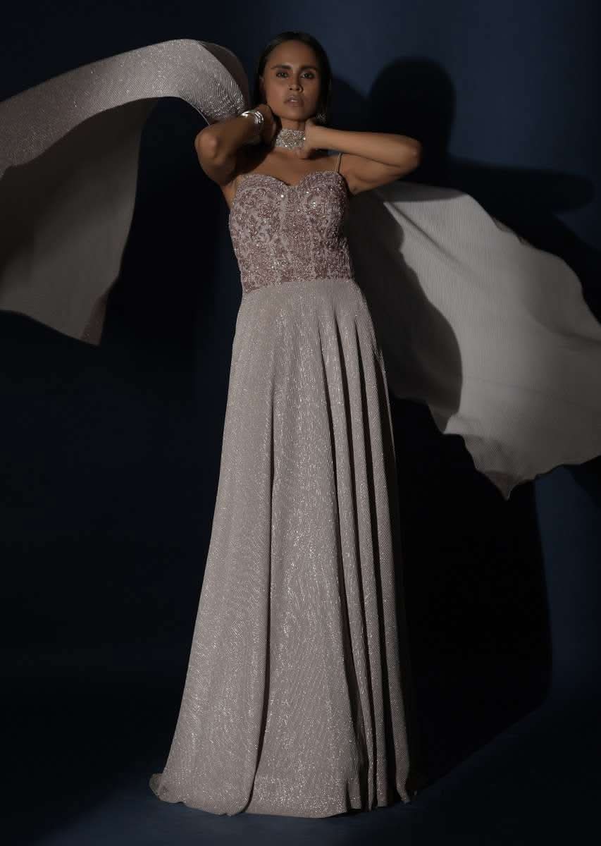 Champagne Gown With Embellished Sweetheart Cut Bodice And Spaghetti Straps Online - Kalki Fashion - Image 14