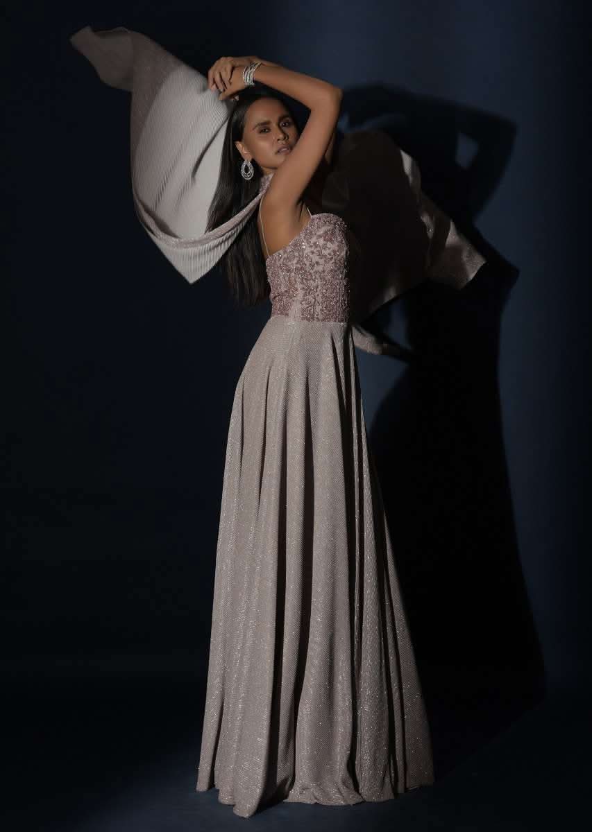 Champagne Gown With Embellished Sweetheart Cut Bodice And Spaghetti Straps Online - Kalki Fashion - Image 15