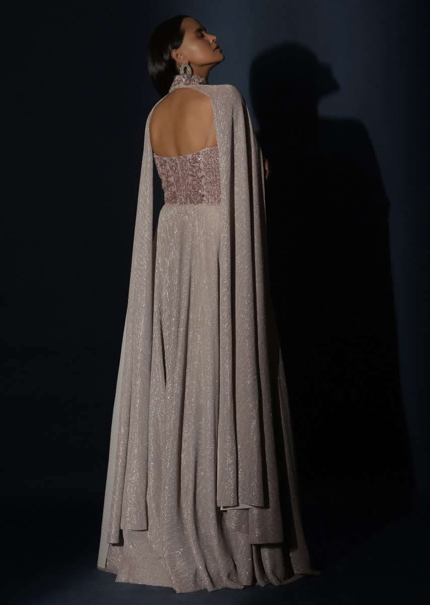 Champagne Gown With Embellished Sweetheart Cut Bodice And Spaghetti Straps Online - Kalki Fashion - Image 16