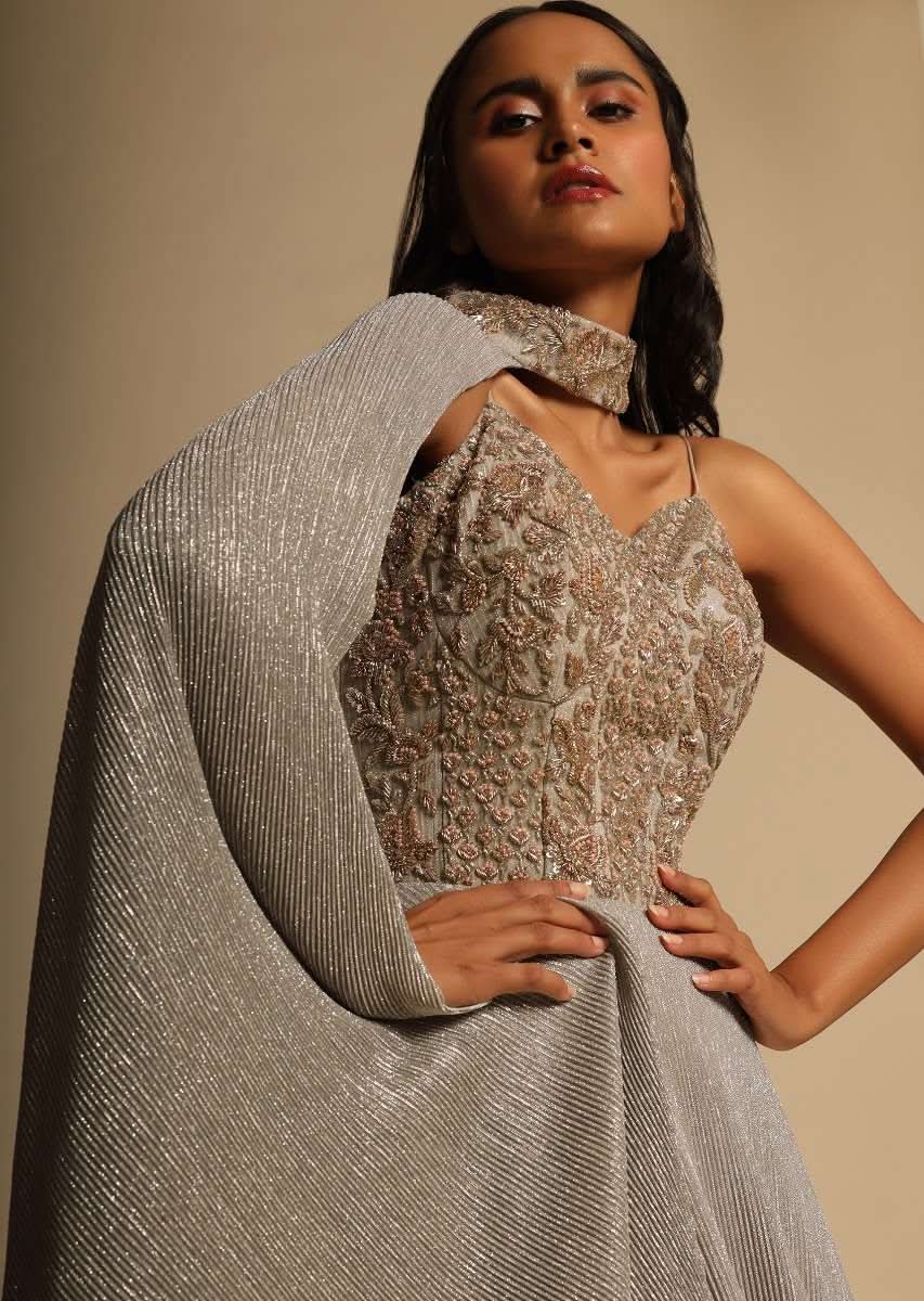 Champagne Gown With Embellished Sweetheart Cut Bodice And Spaghetti Straps Online - Kalki Fashion - Image 2