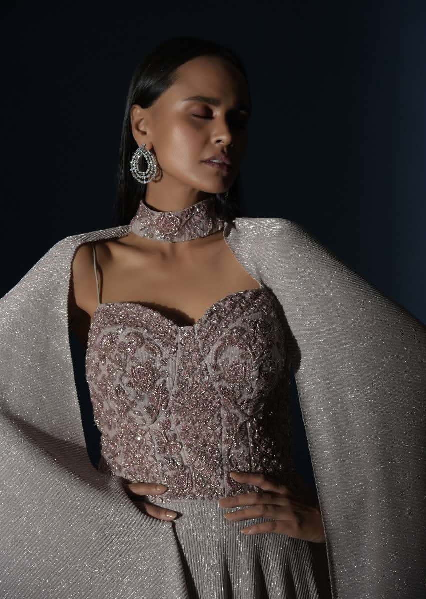 Champagne Gown With Embellished Sweetheart Cut Bodice And Spaghetti Straps Online - Kalki Fashion - Image 7
