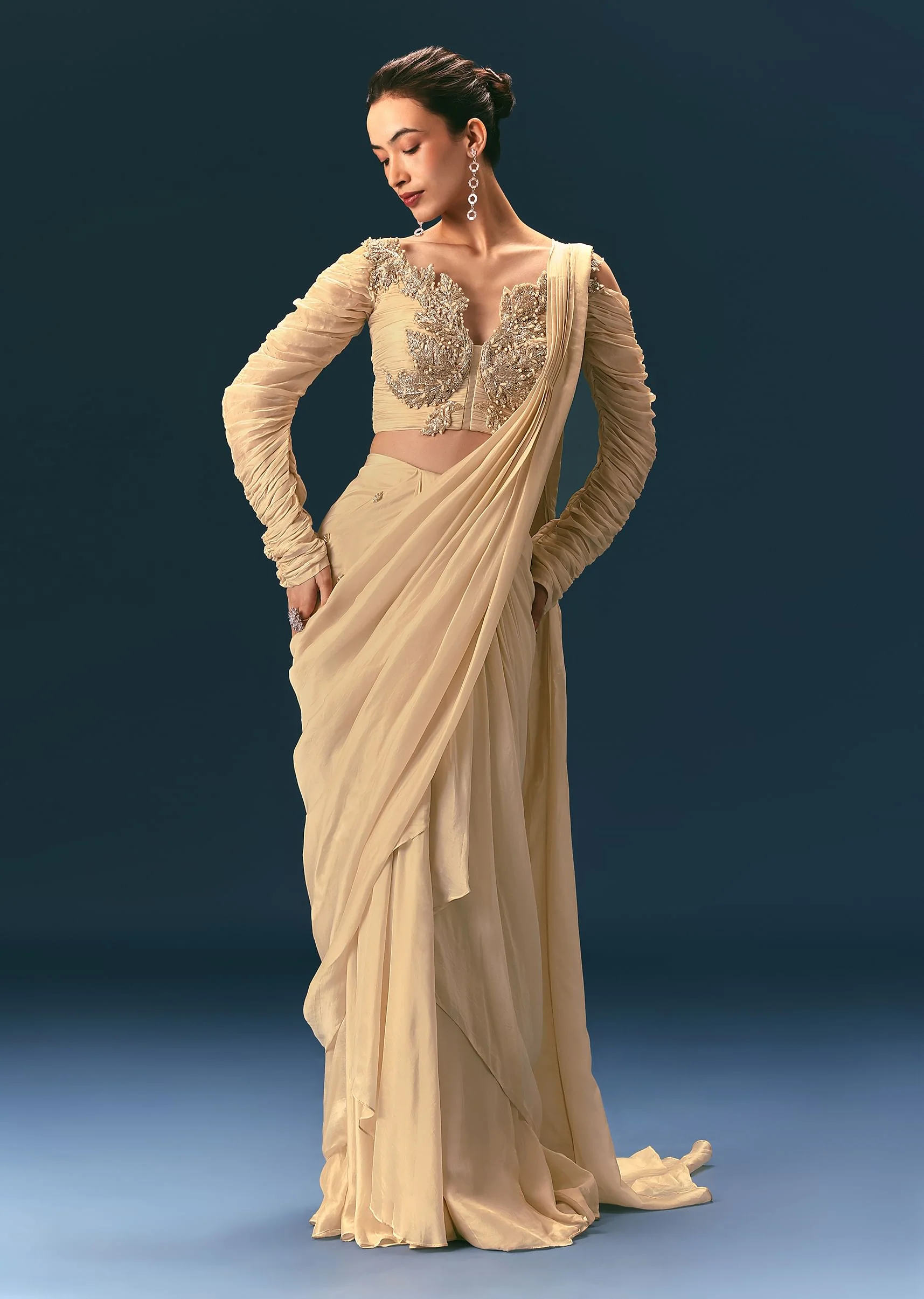 Champagne Peach Embroidered Readymade Saree With 3D Applique Blouse - Image 3