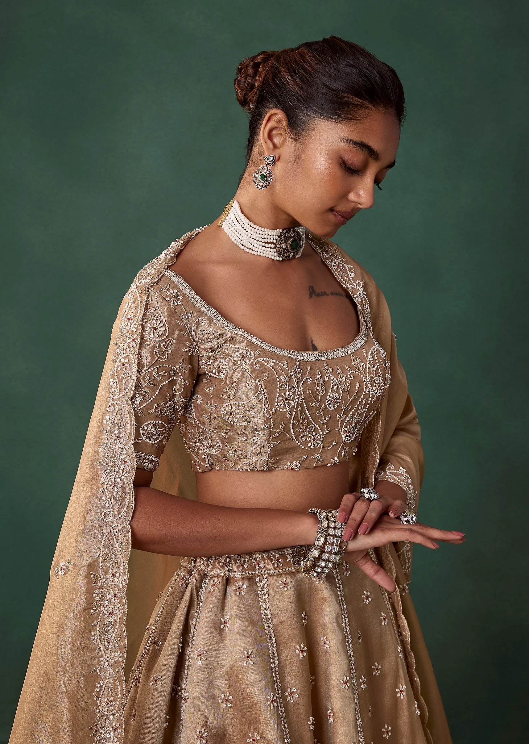 Champagne Silk Cutdana Embroidered Bridal Lehenga Set - Image 3