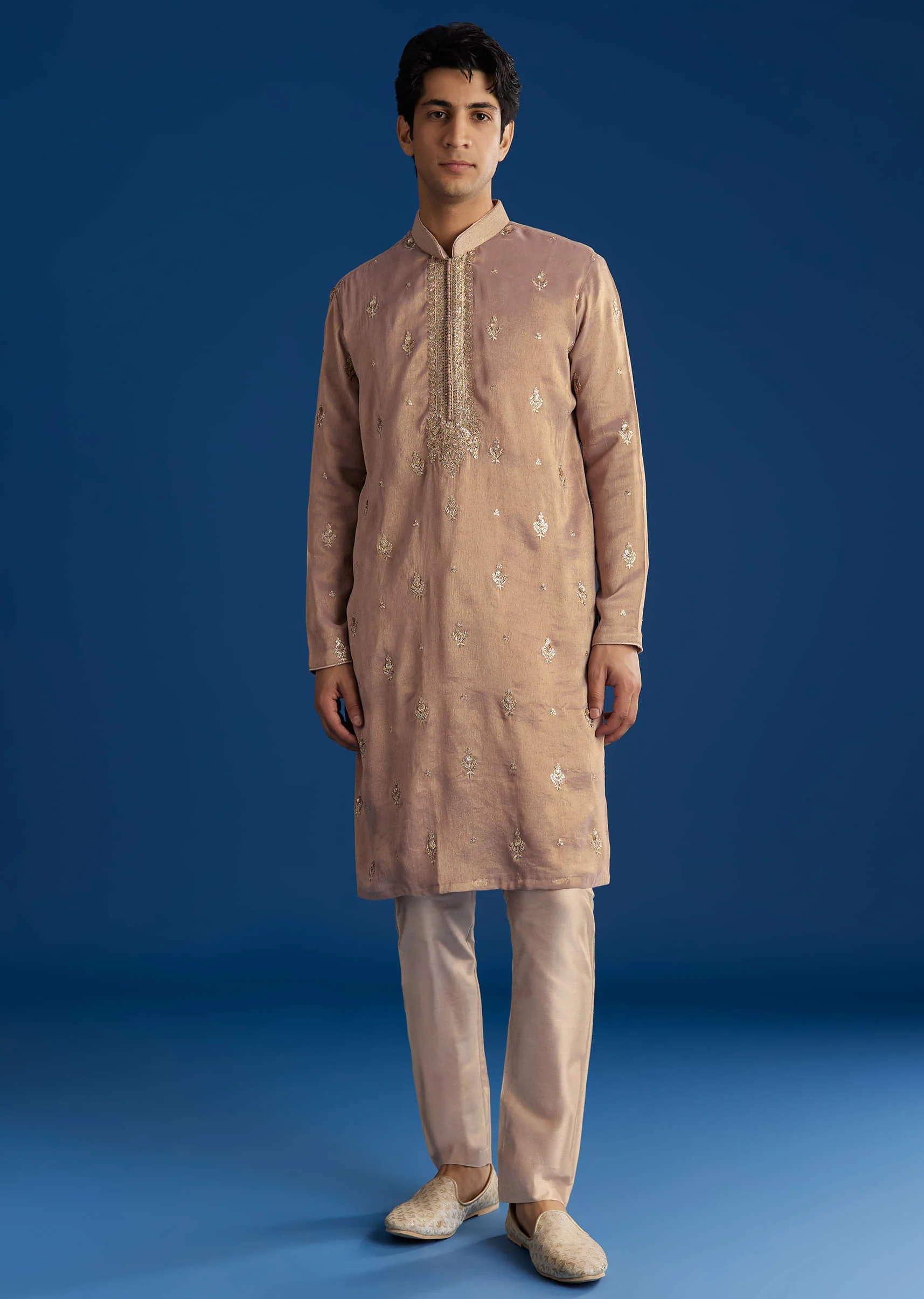 Champagne Tissue Resham Embroidered Kurta Set With Sequins - Image 2