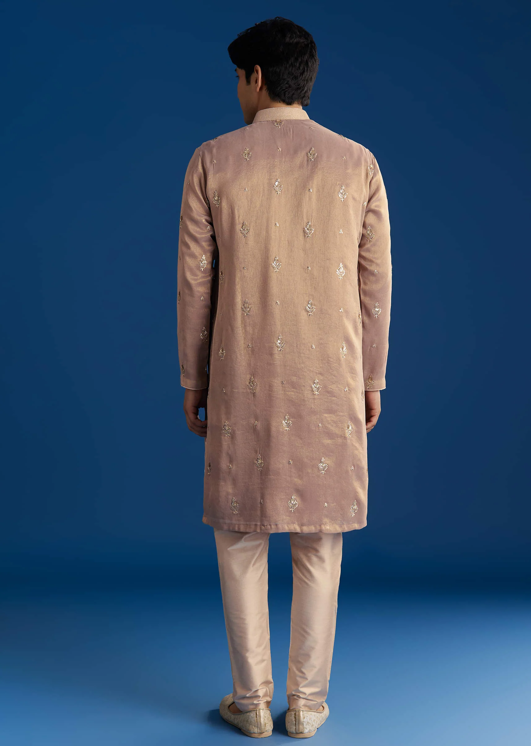 Champagne Tissue Resham Embroidered Kurta Set With Sequins - Image 5