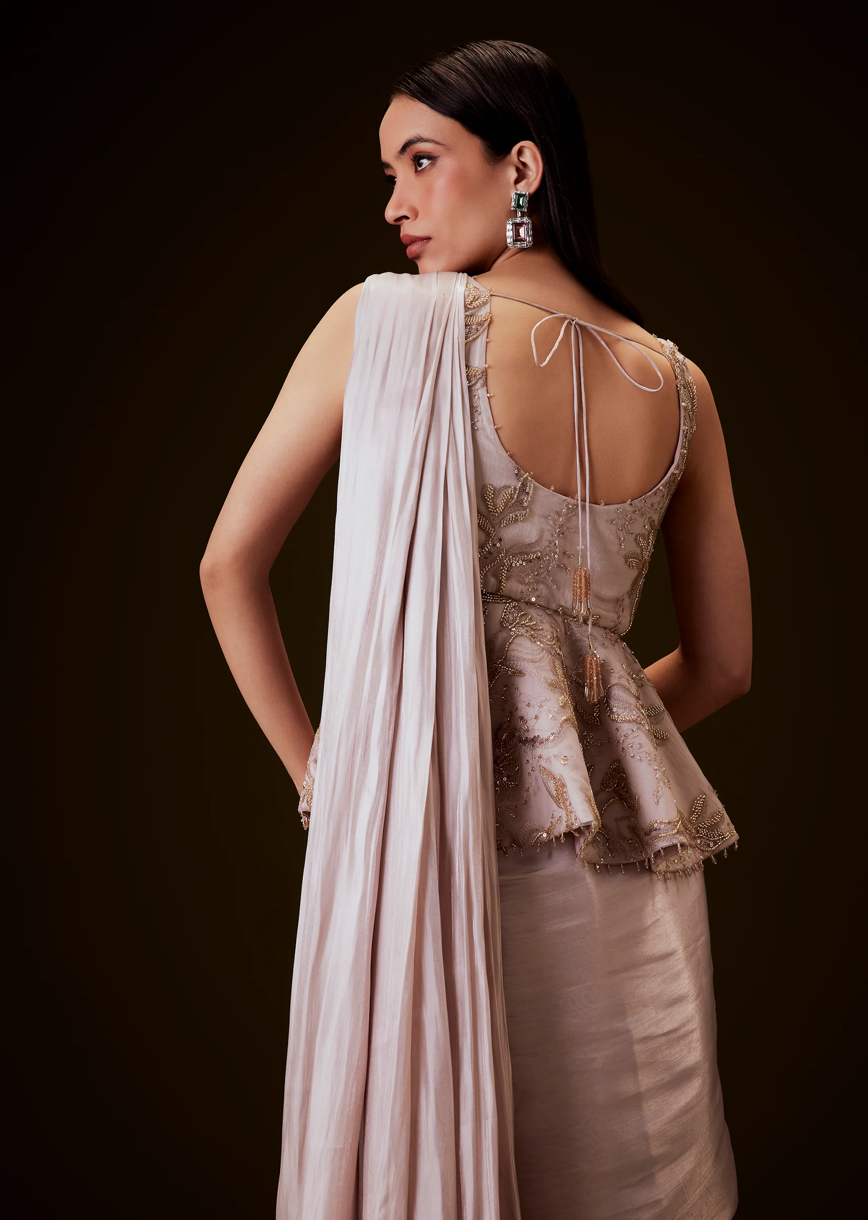 Champion Peach Sequence Embroidered Peplum Top With Saree - Image 4