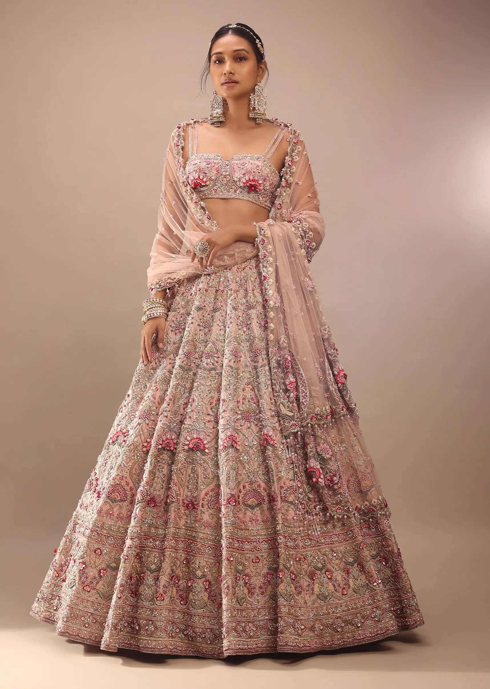 Charm Pink Rumi Lehenga Set With Matching Crop Top In 3D Flower Motifs And Abla Embroidery - Image 3