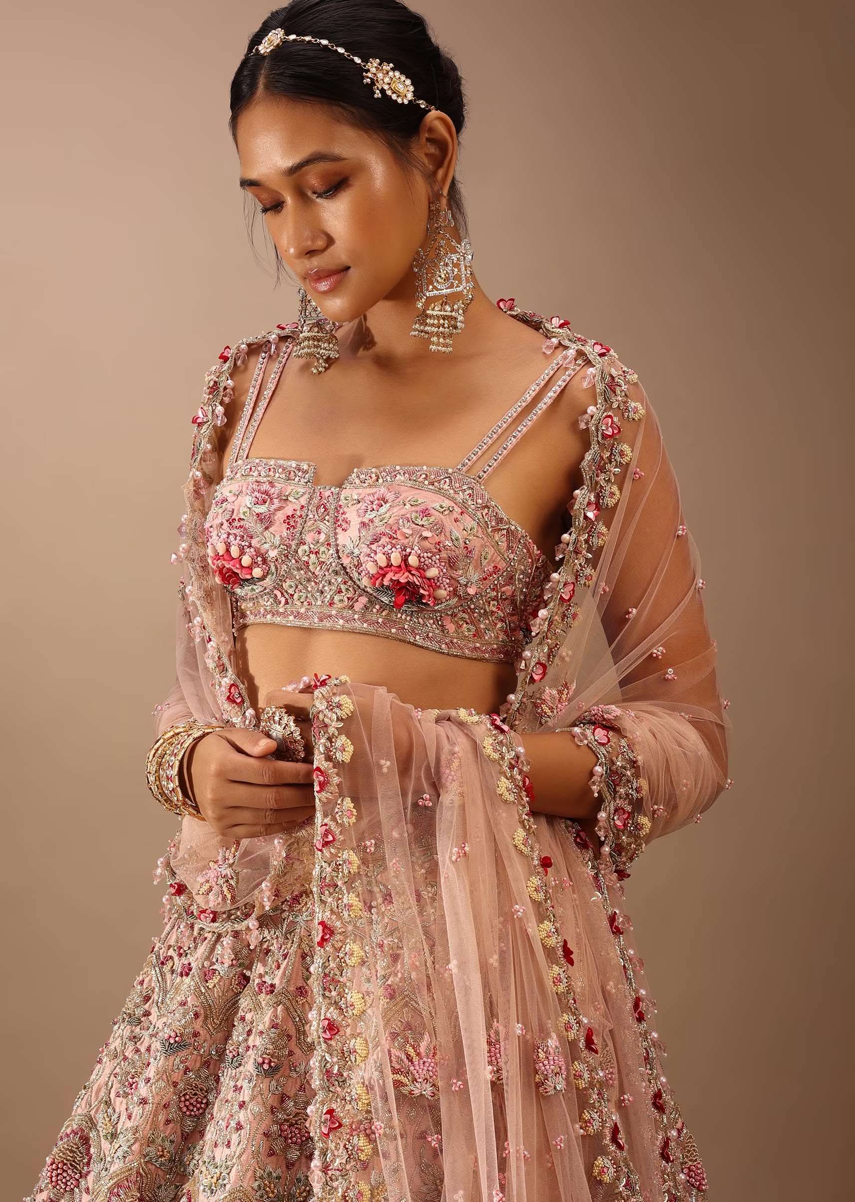 Charm Pink Rumi Lehenga Set With Matching Crop Top In 3D Flower Motifs And Abla Embroidery - Image 4