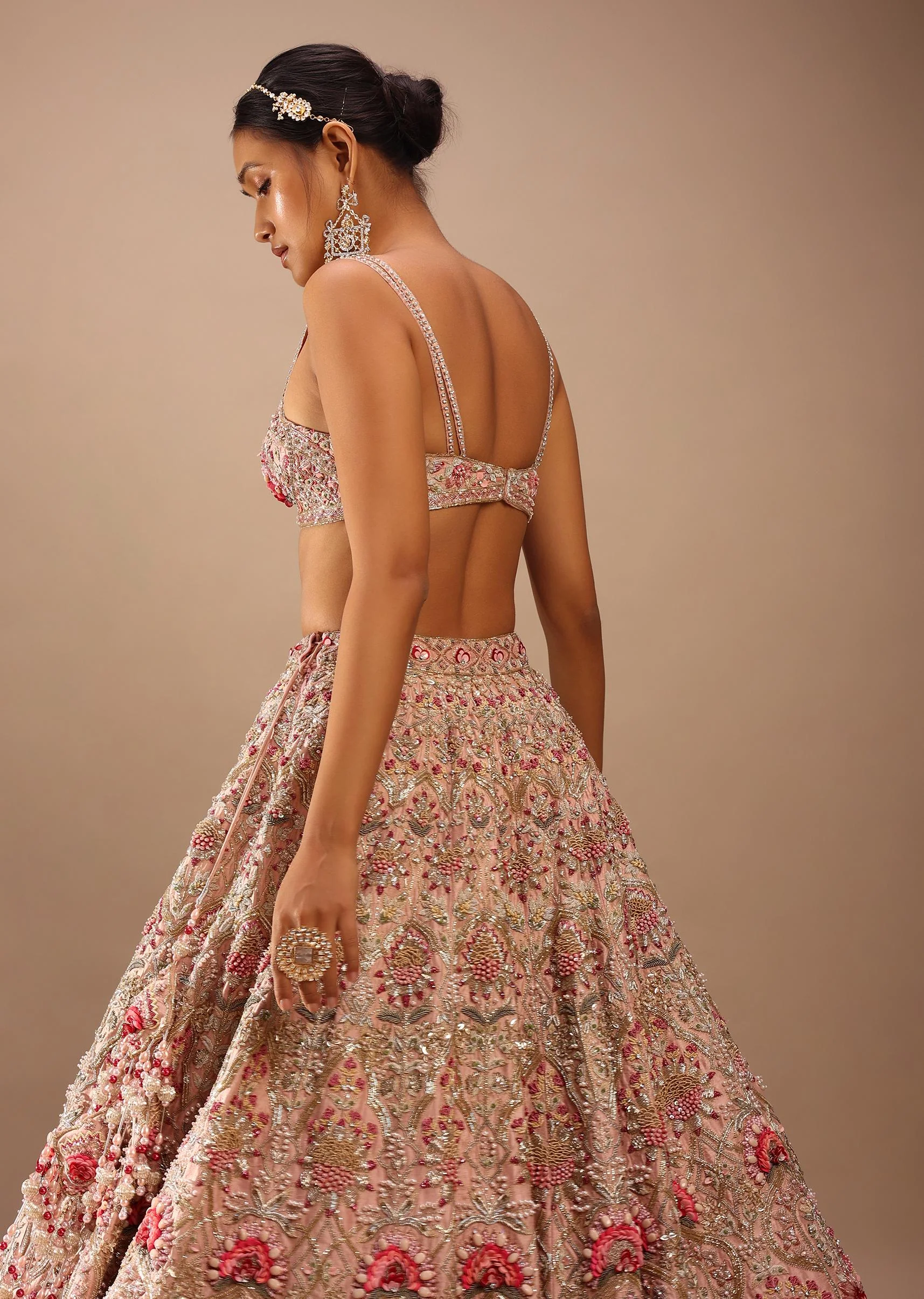 Charm Pink Rumi Lehenga Set With Matching Crop Top In 3D Flower Motifs And Abla Embroidery - Image 5