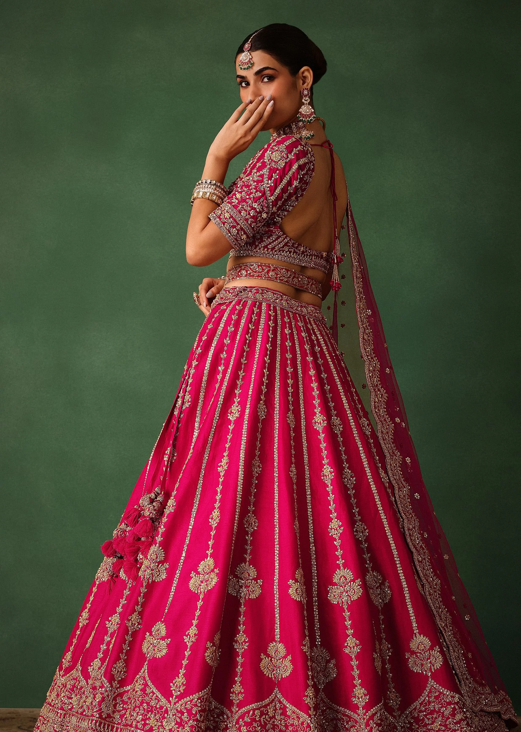Cherry Red Hand Embroidered Raw Silk Lehenga Set With Dupatta - Image 3