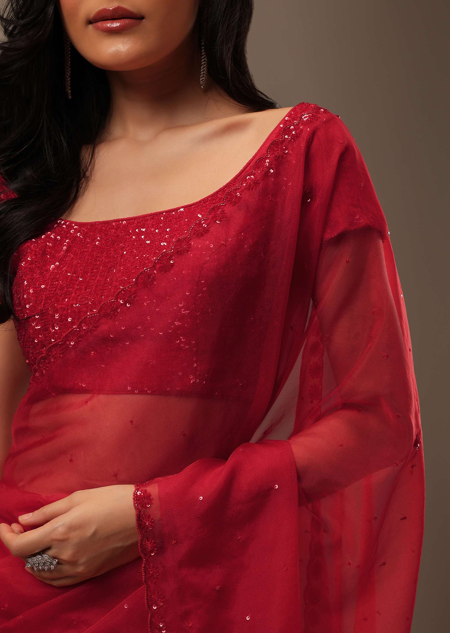 Cherry Red Organza Saree With Cut Dana And Sequins Work - Image 4