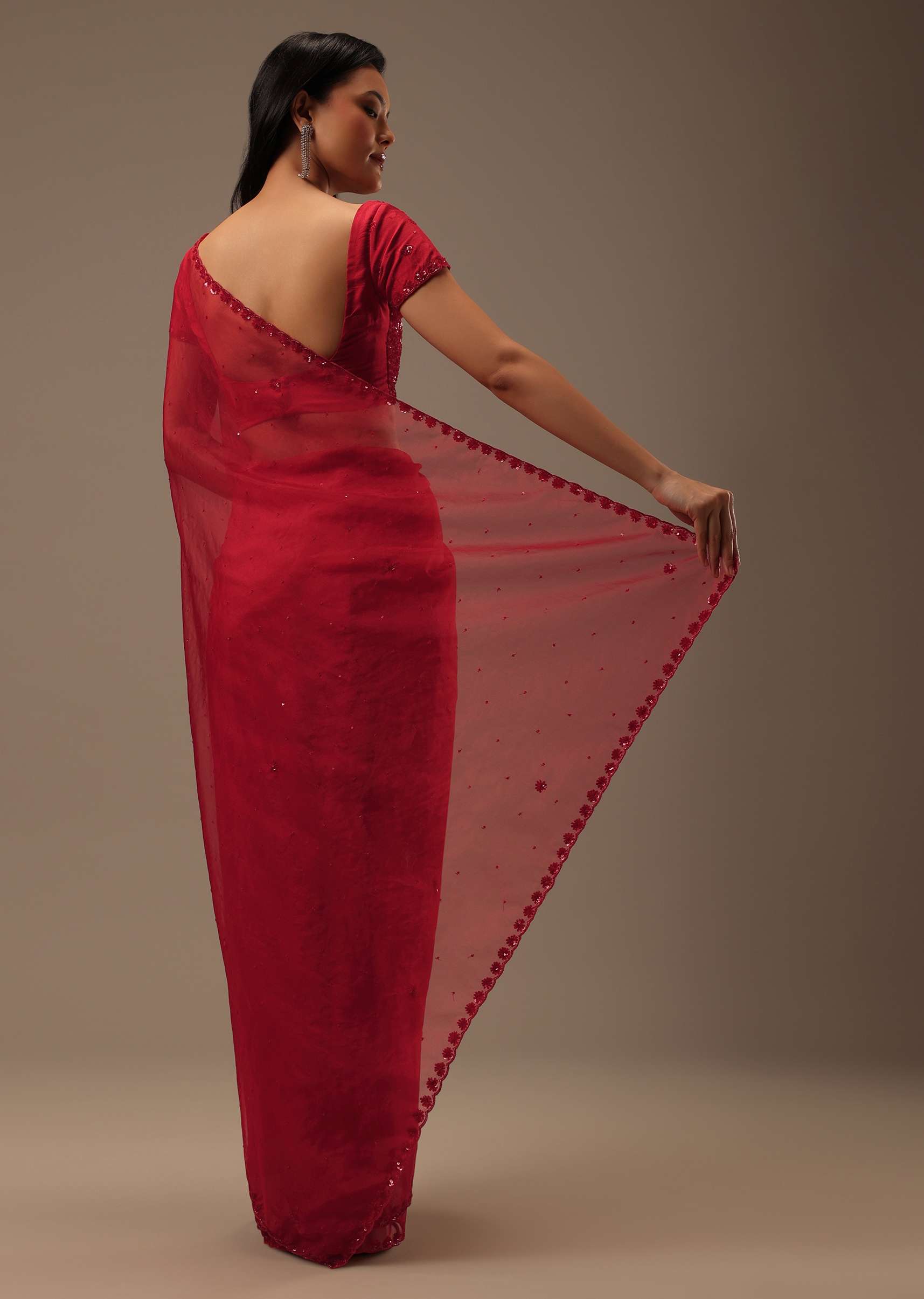 Cherry Red Organza Saree With Cut Dana And Sequins Work - Image 5