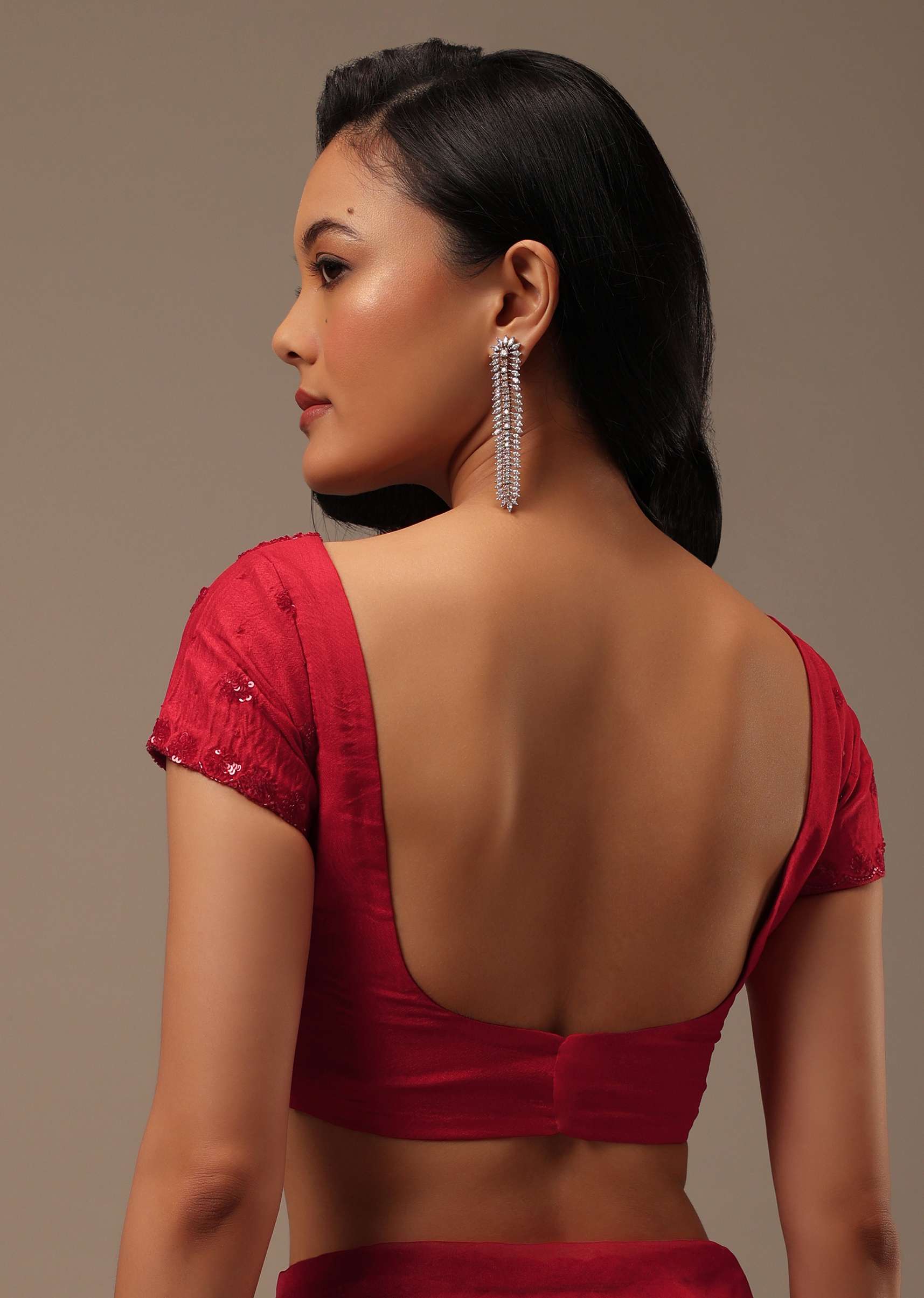 Cherry Red Organza Saree With Cut Dana And Sequins Work - Image 7