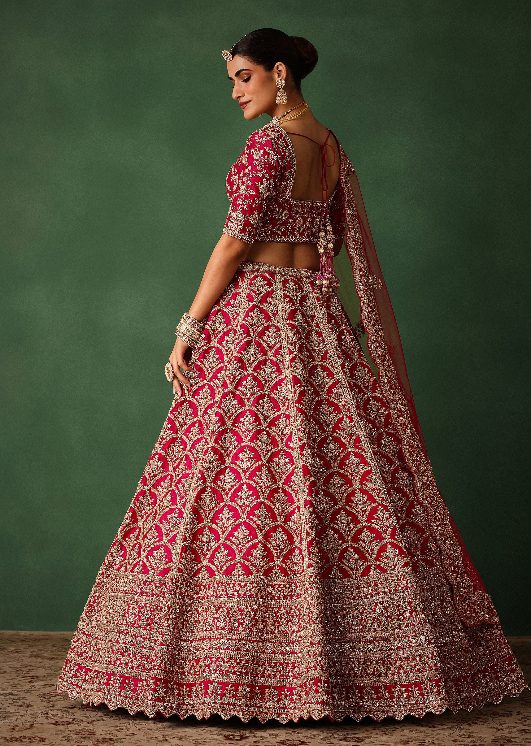 Cherry Red Raw Silk Hand Embroidered Lehenga Set With Net Dupatta - Image 6