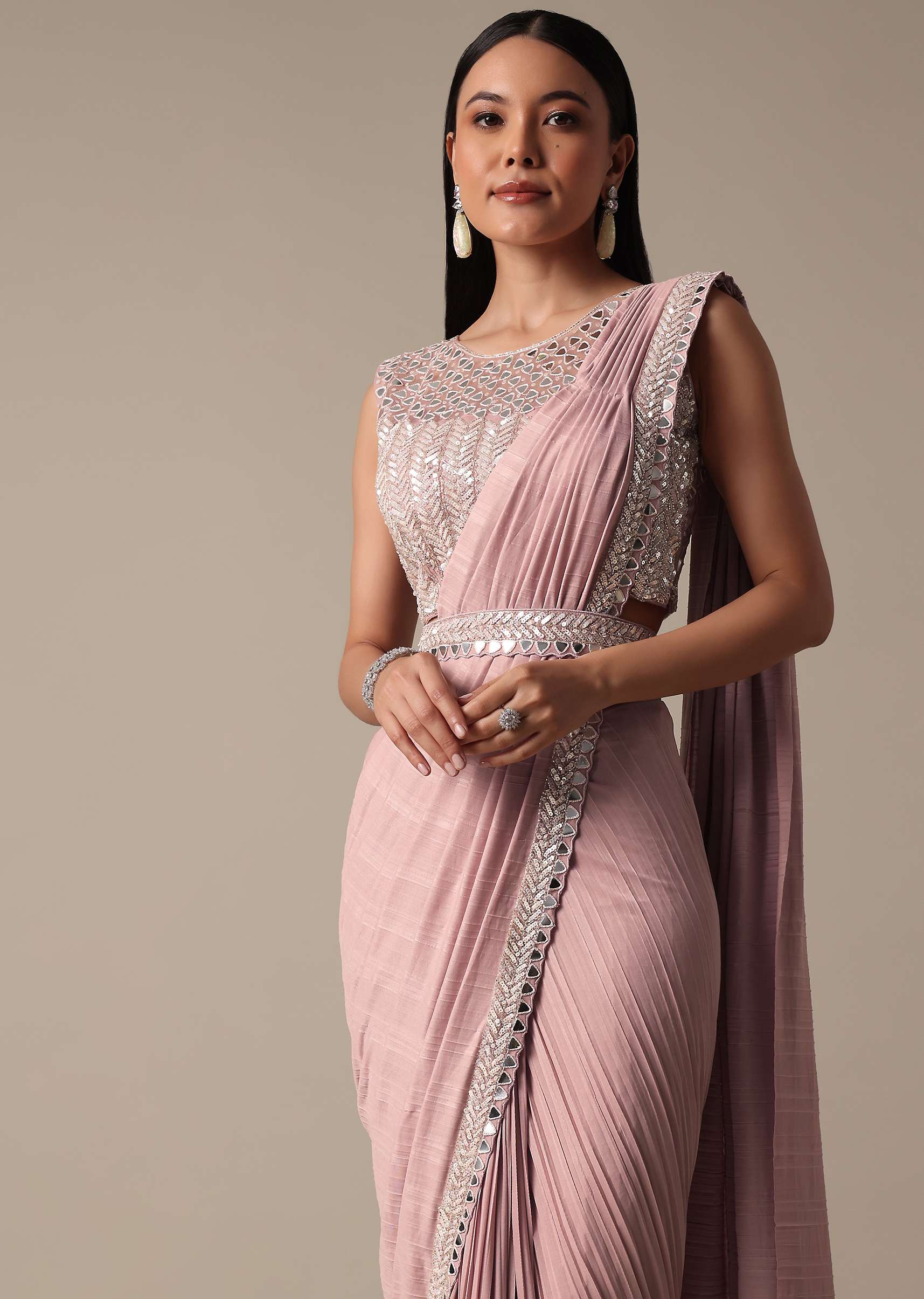 Chic Pink Ready To Wear Saree With Blouse - Image 2