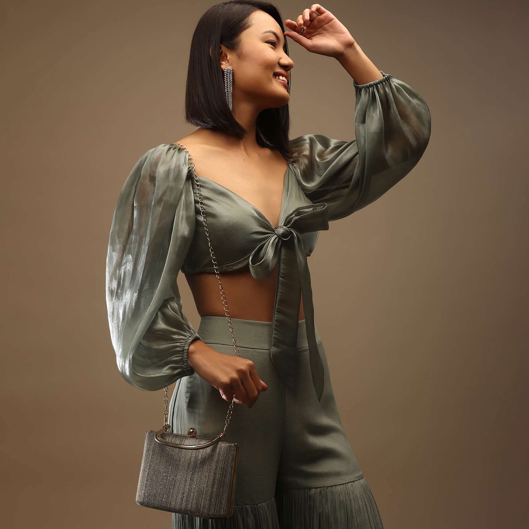 Chino's Green Bow Tie Blouse In Plunging V Neckline Bishop Sleeves, Side Zip Closure - Image 3