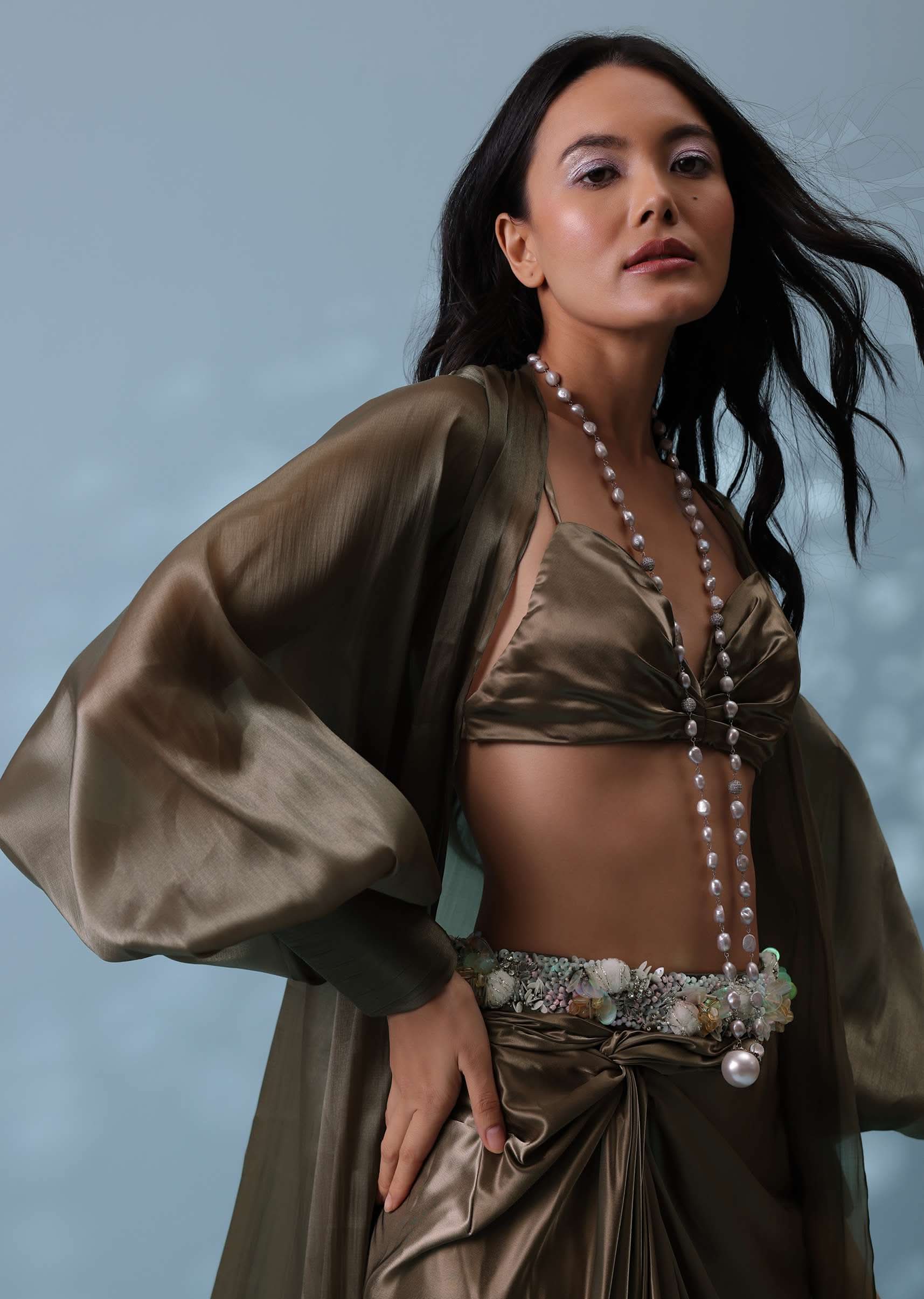 Chocolate Brown Indowestern Skirt Set With Jacket In Milano Organza - Image 3
