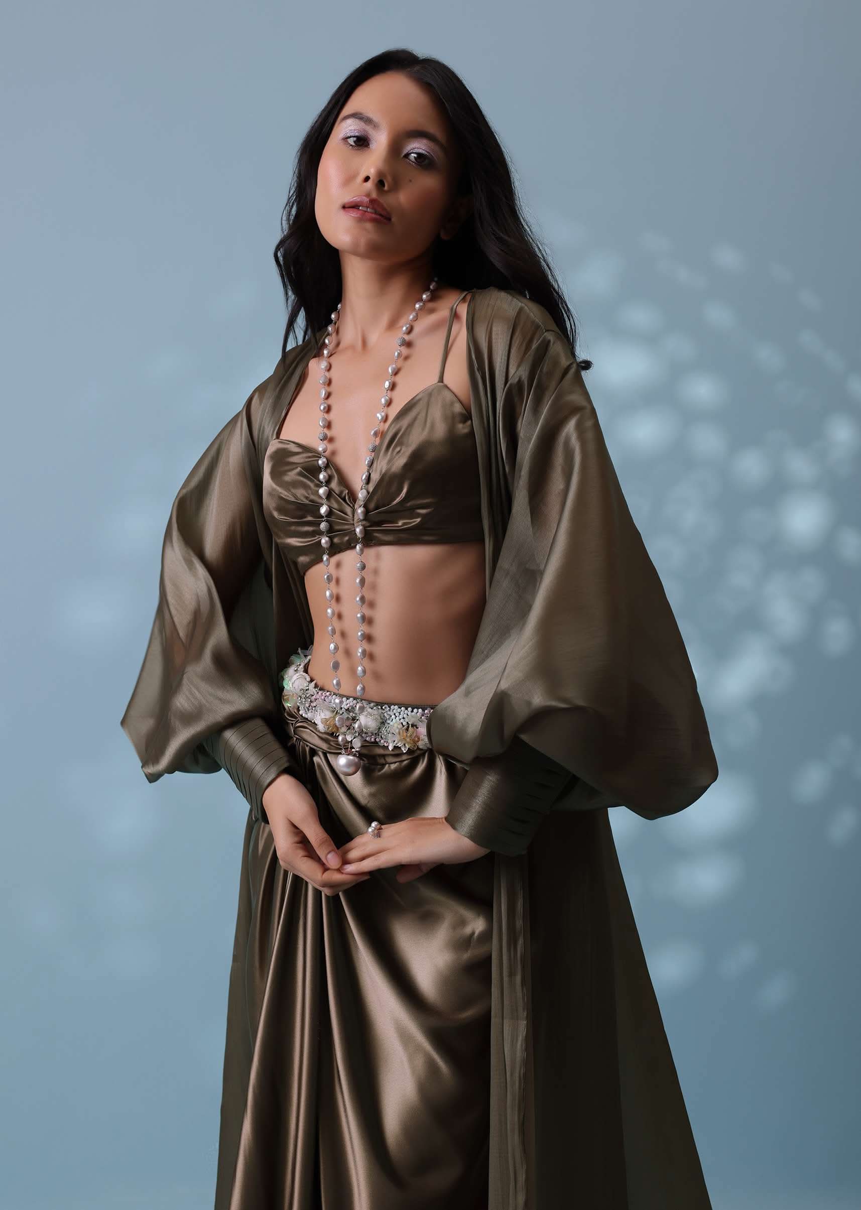 Chocolate Brown Indowestern Skirt Set With Jacket In Milano Organza - Image 4