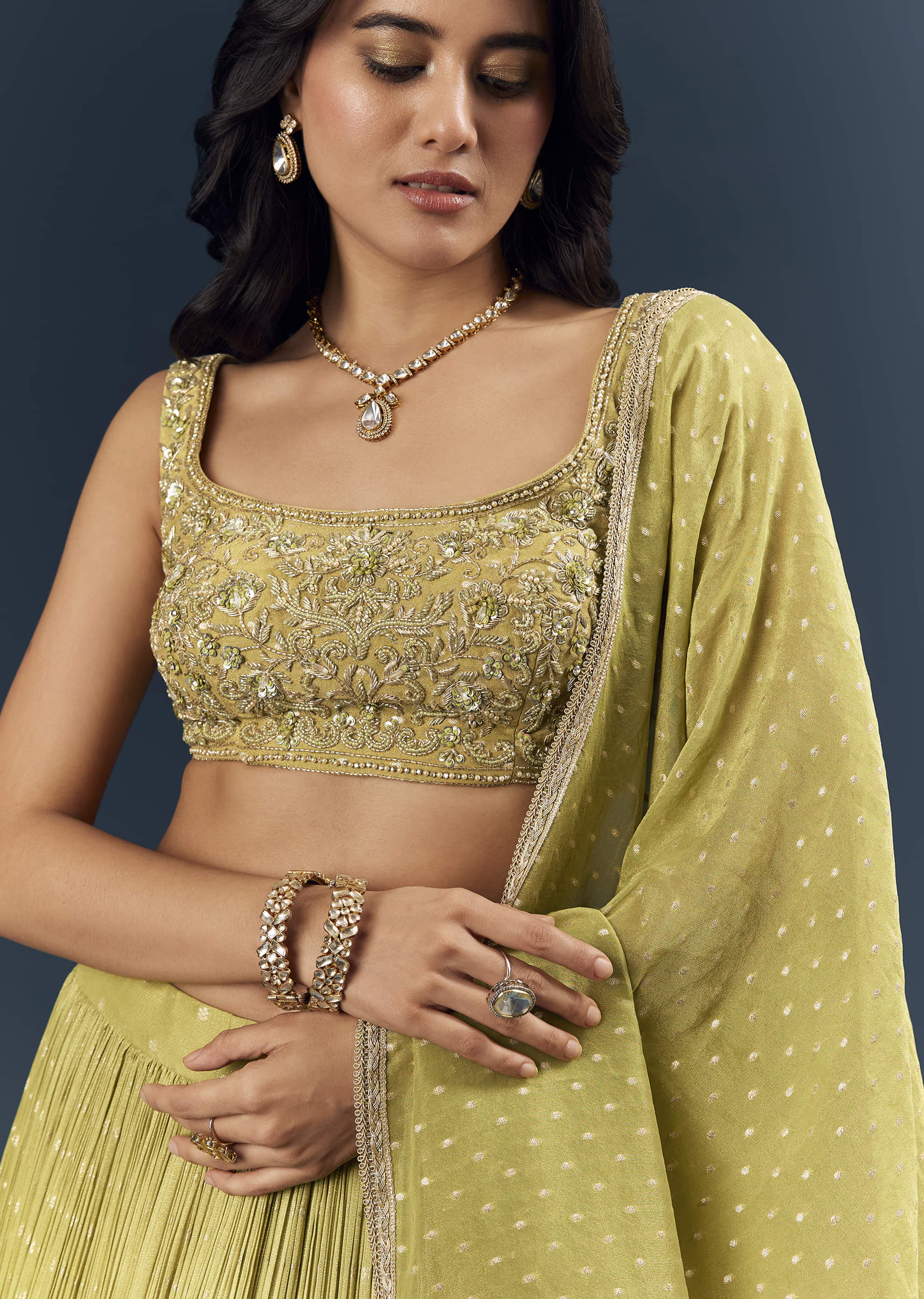 Citrus Green Banarasi Silk Bridesmaid Lehenga With Delicate Hand Embroidery - Image 3