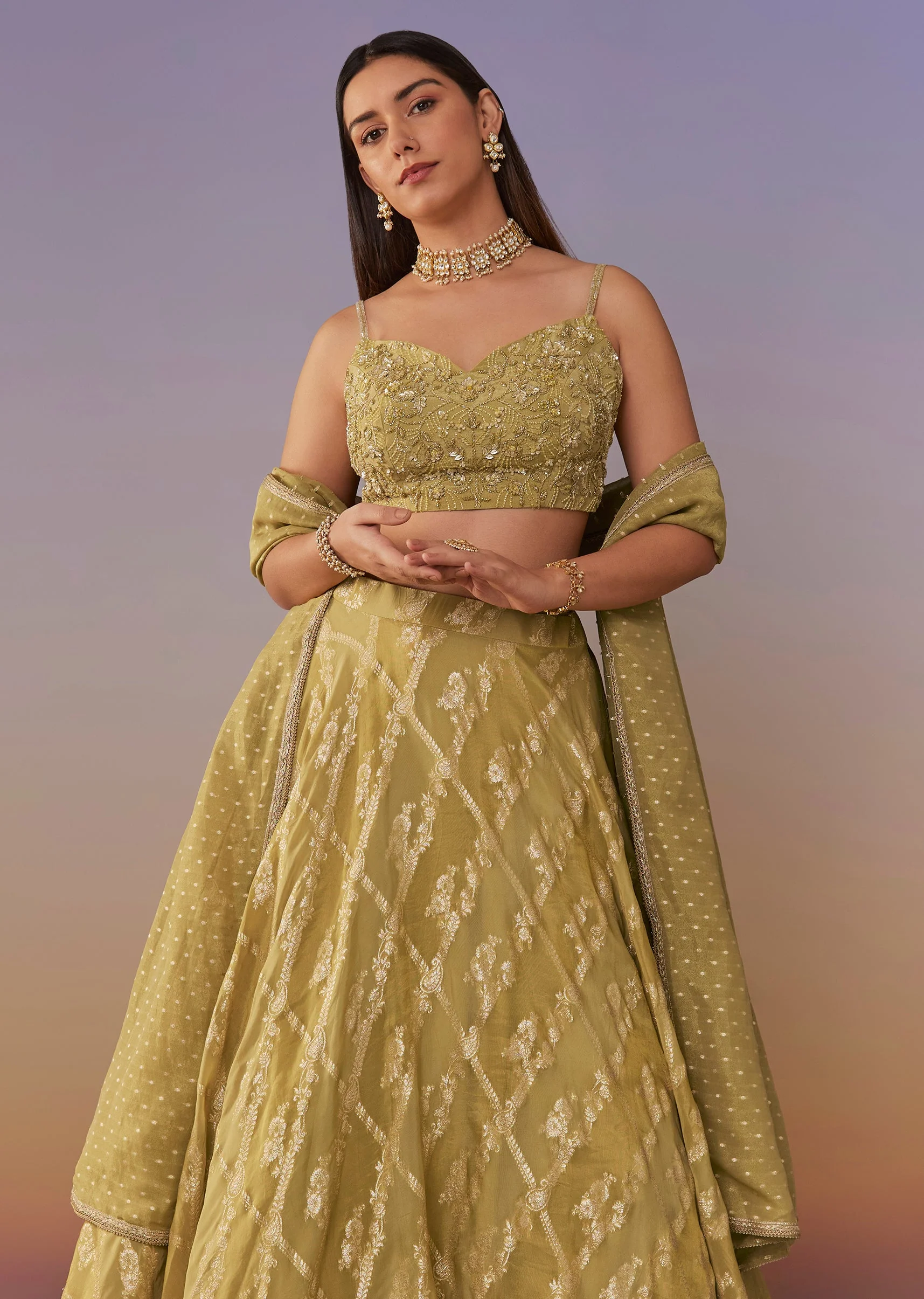Citrus Green Banarasi Silk Lehenga Set With Sequins And Bead Detailing - Image 5