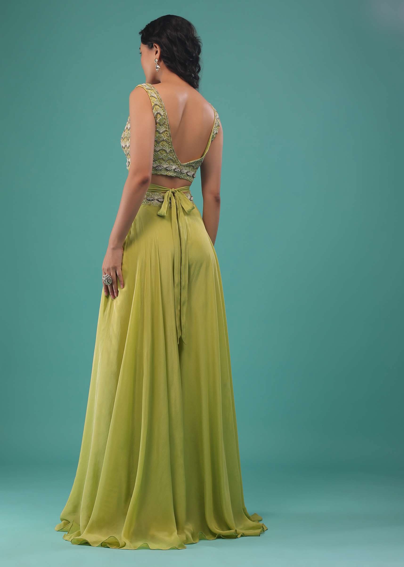 Citrus Green Flared Palazzo And A Crop Top Set, Crafted In Crepe With A Side Zip Closure - Image 7