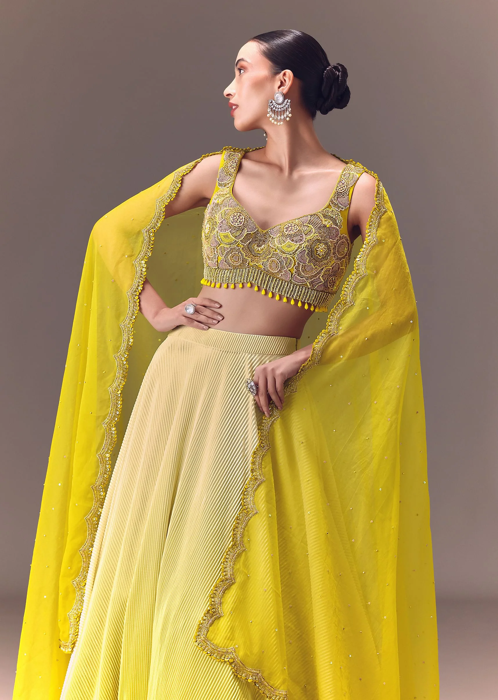 Citrus Green Ombre Crushed Lehenga Set With Organza Dupatta - Image 2
