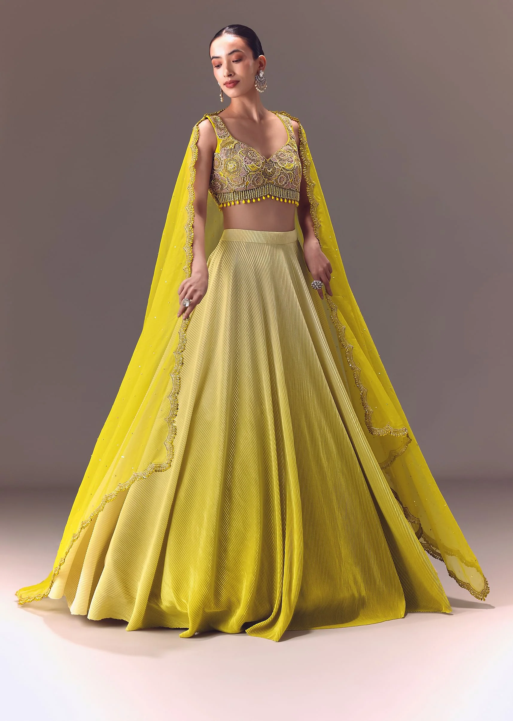 Citrus Green Ombre Crushed Lehenga Set With Organza Dupatta - Image 3