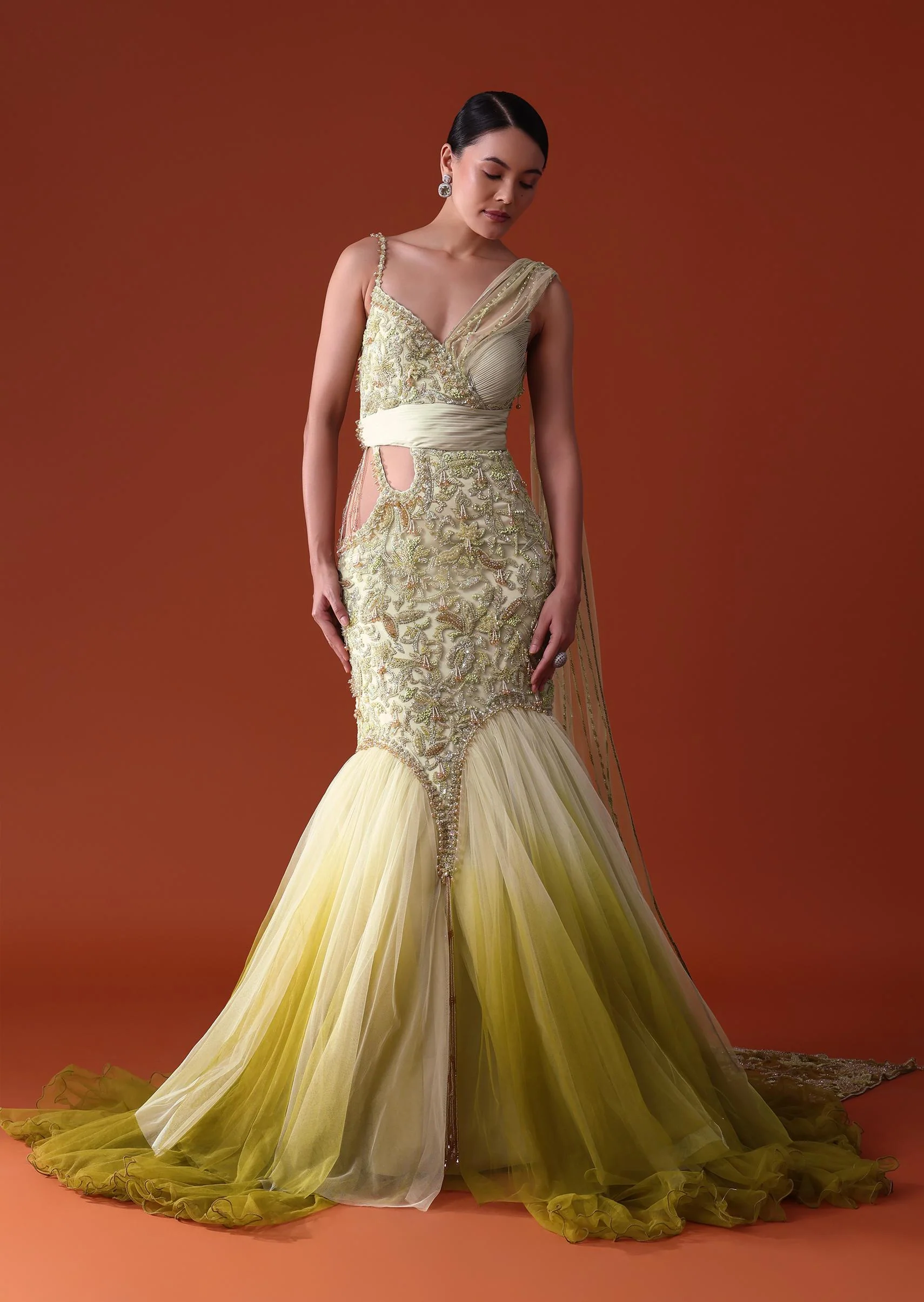 Citrus Green Ombre Fishcut Zardozi Gown Saree - Image 4